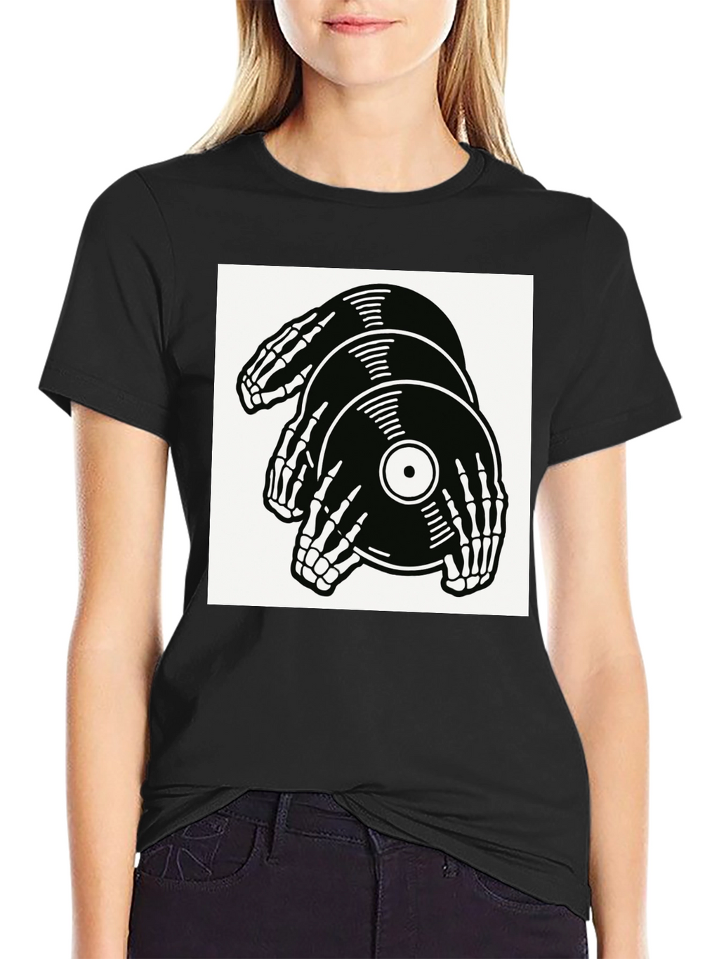 Skeleton Hands Vinyl Record Graphic T-Shirt