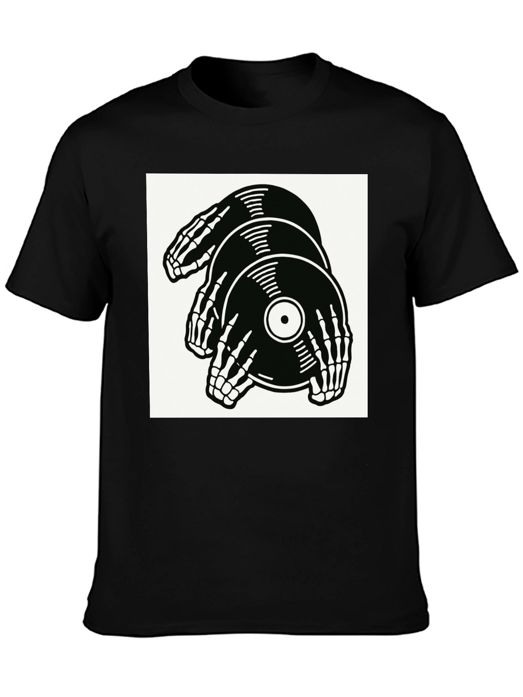 Skeleton Hands Vinyl Record Graphic T-Shirt