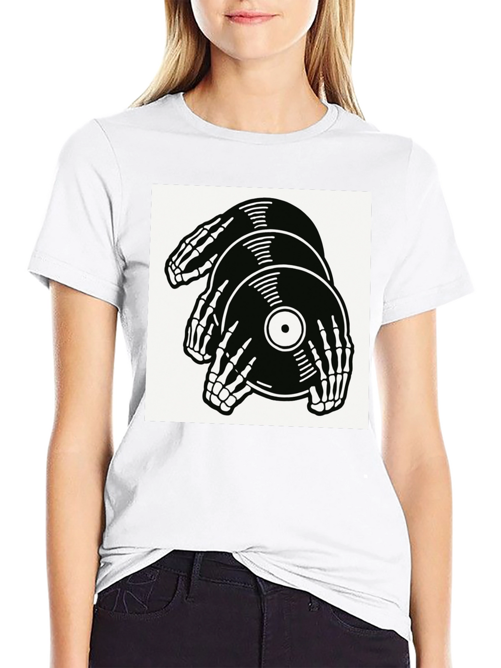 Skeleton Hands Vinyl Record Graphic T-Shirt