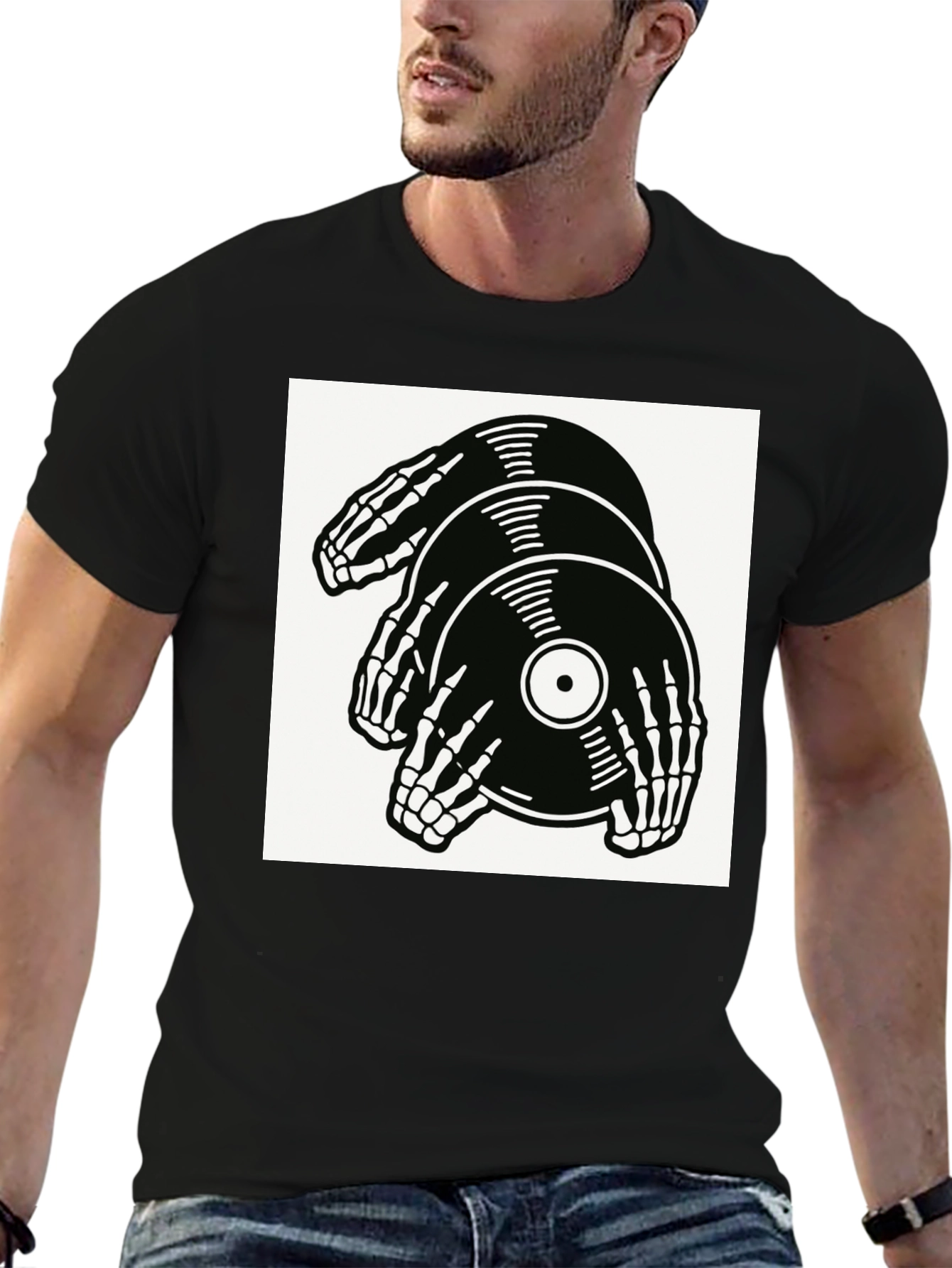Skeleton Hands Vinyl Record Graphic T-Shirt