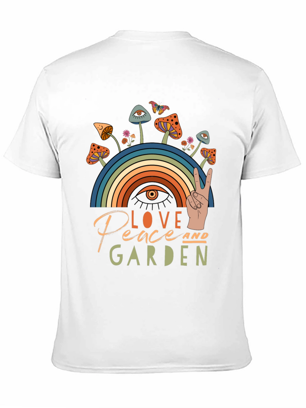 Love Peace Garden T-Shirt Mushrooms Rainbow