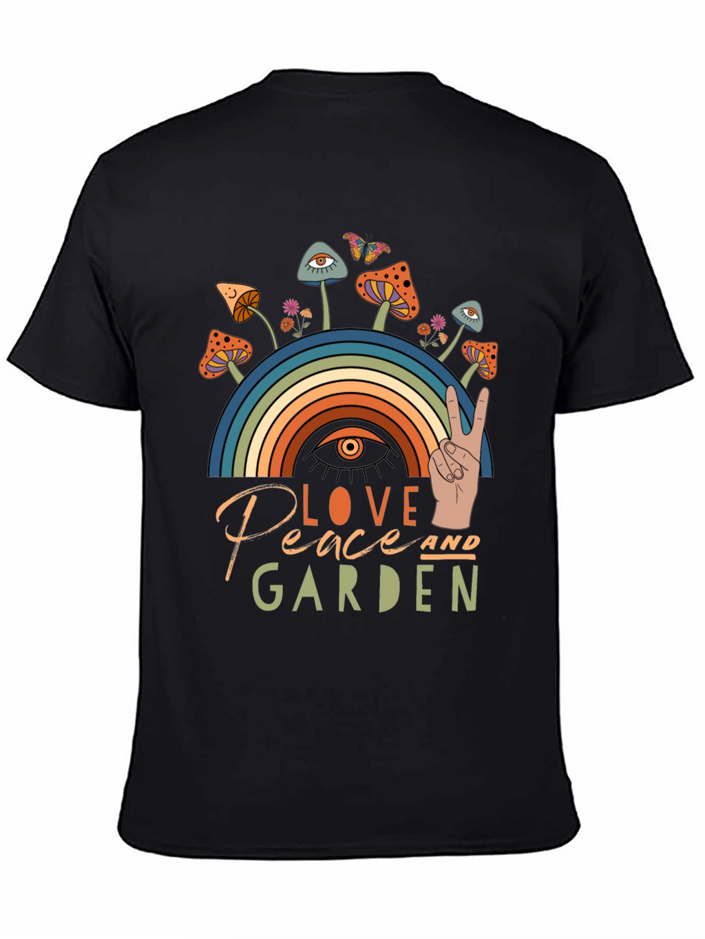 Love Peace Garden T-Shirt Mushrooms Rainbow