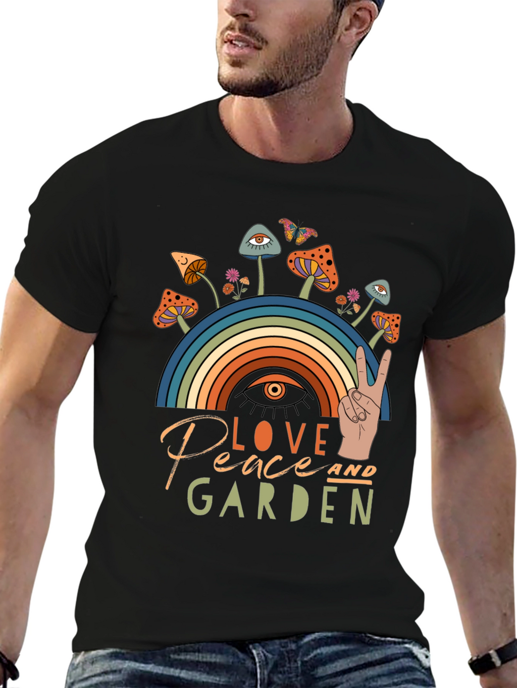 Love Peace Garden T-Shirt Mushrooms Rainbow