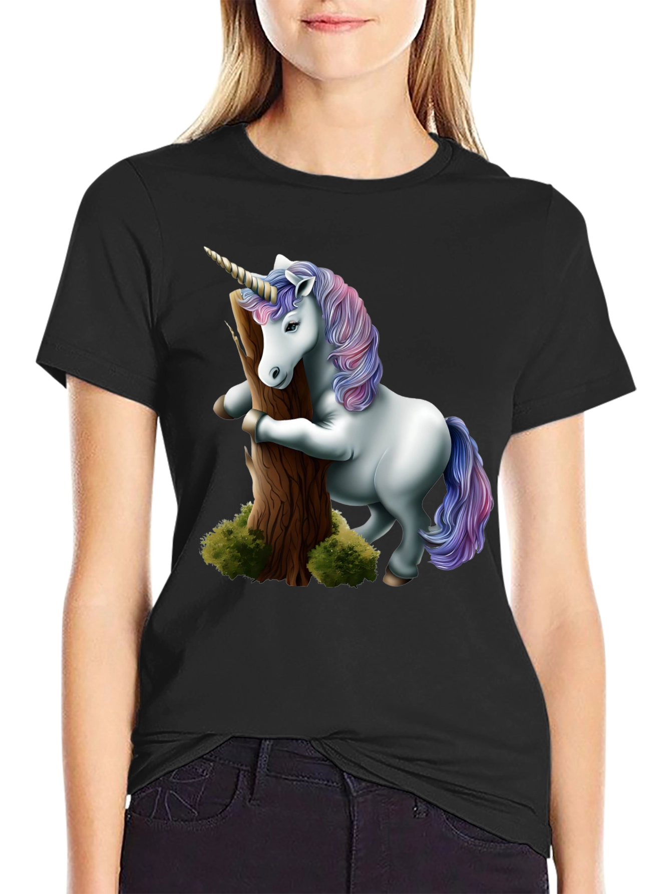 Unicorn Hugging Tree Black T-Shirt