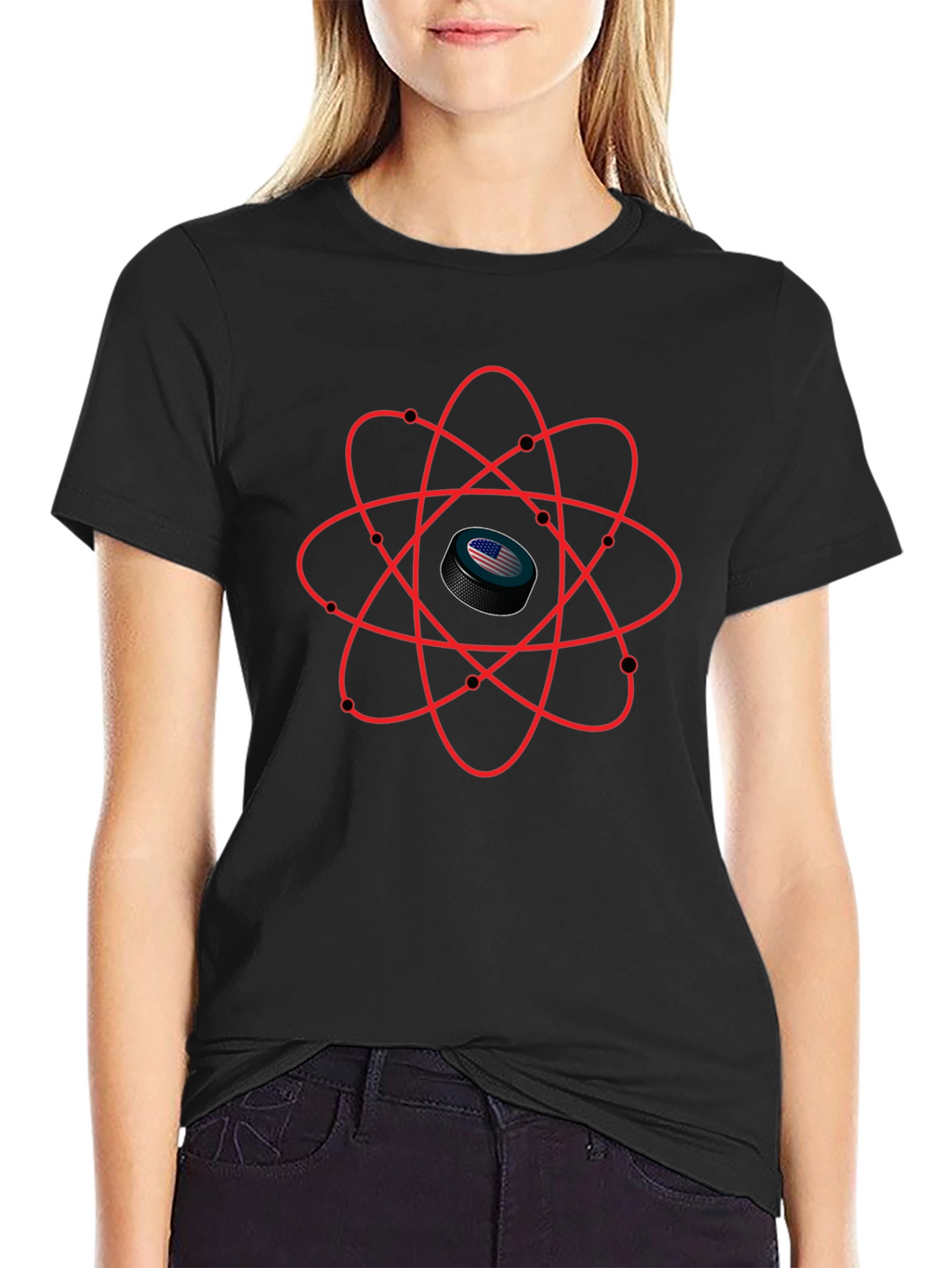 USA Hockey Puck Atom T-Shirt - Patriotic Science Tee