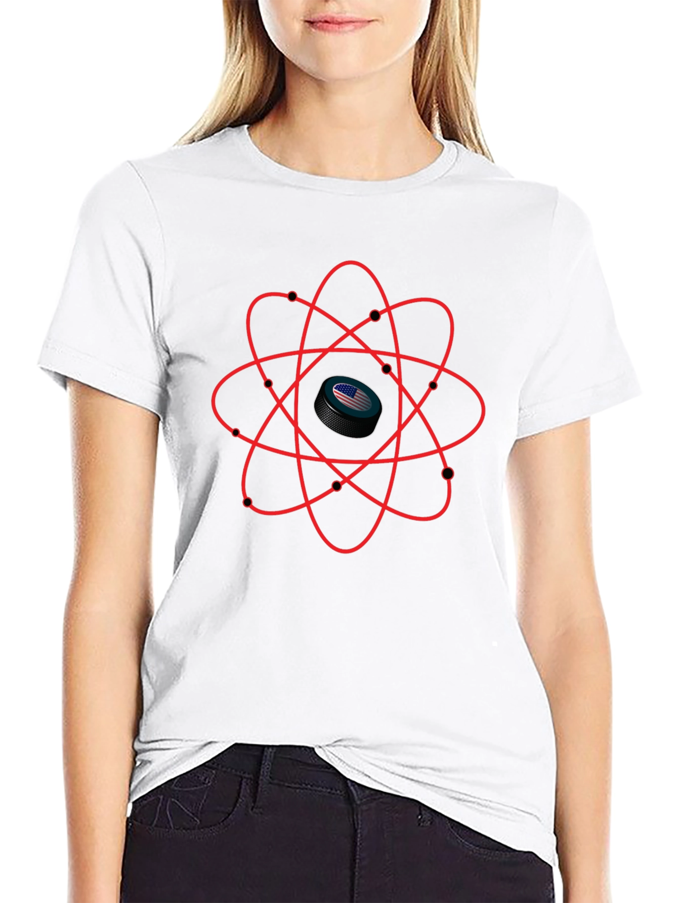USA Hockey Puck Atom T-Shirt - Patriotic Science Tee