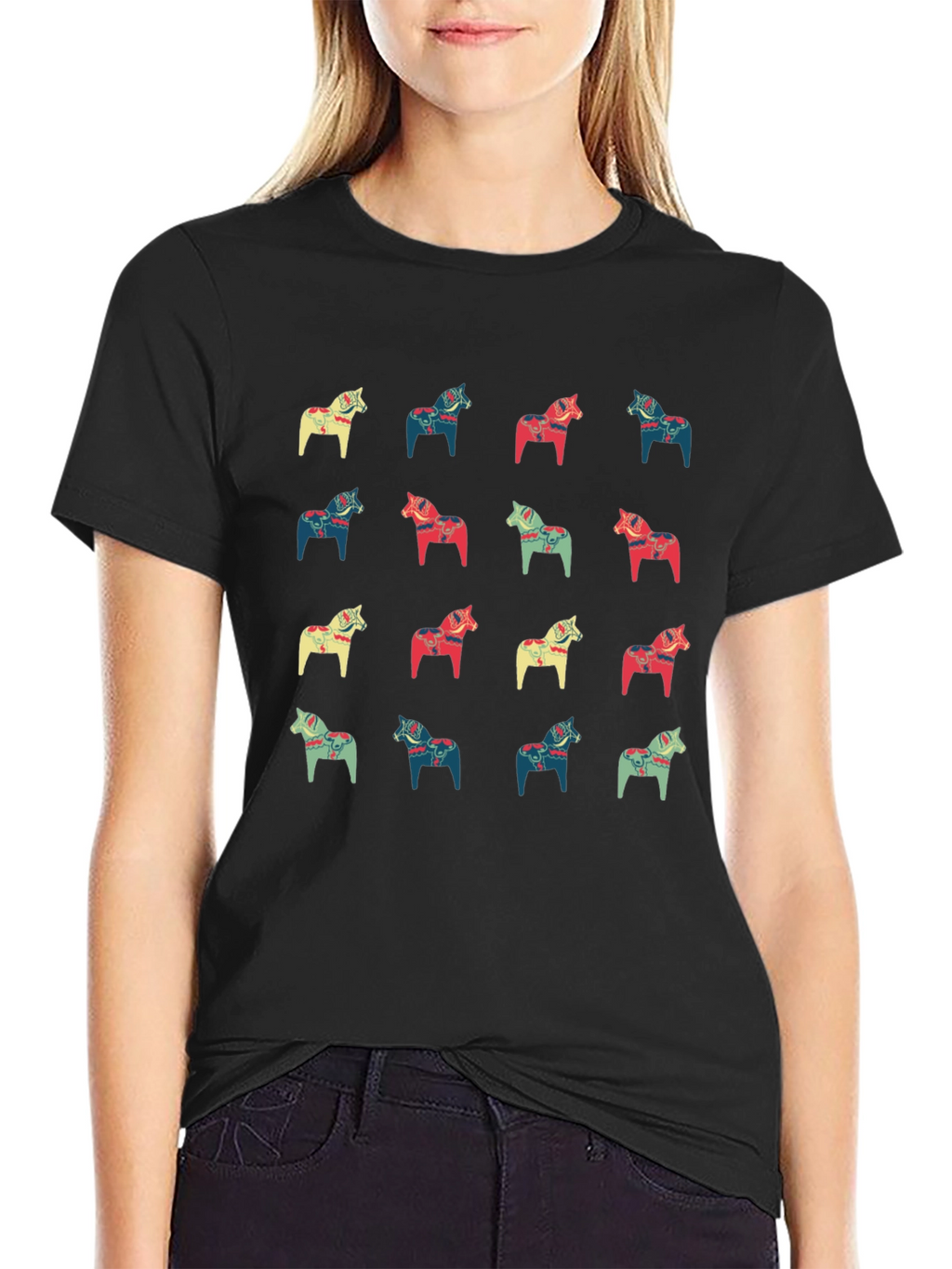Dala Horse Pattern Black T-Shirt