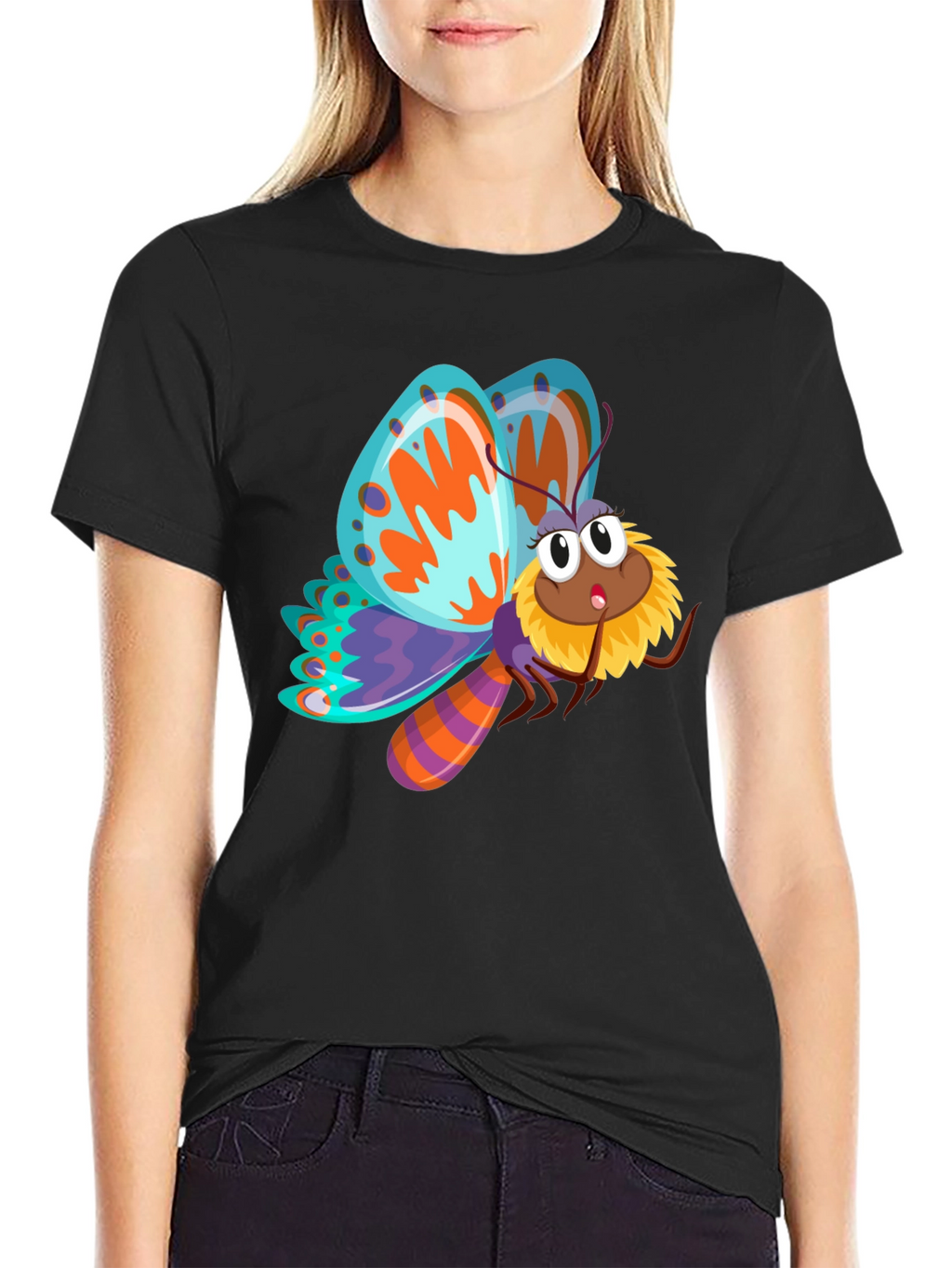 Butterfly Cartoon Graphic Black T-Shirt