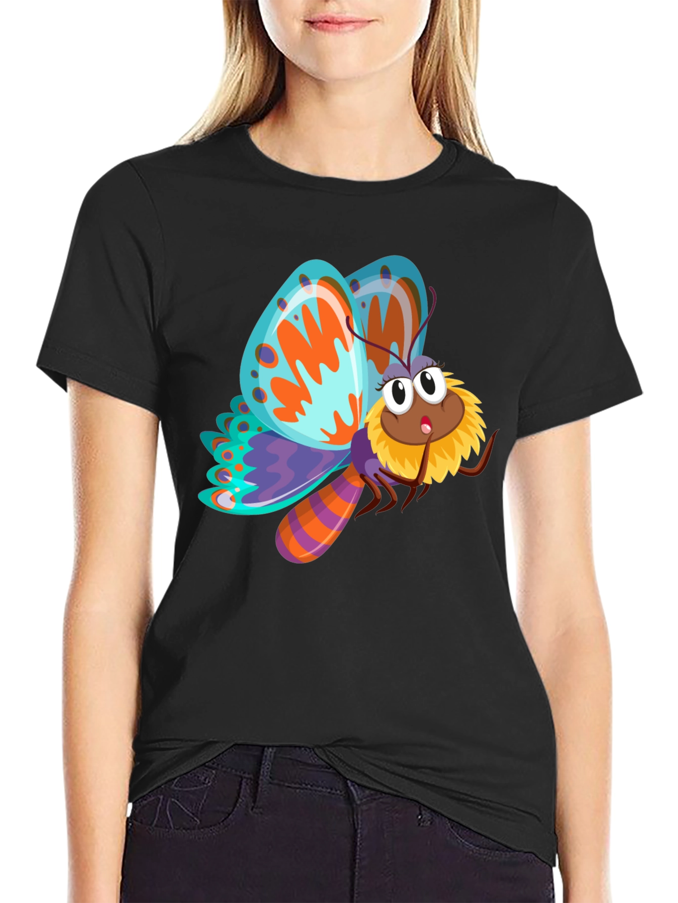 Butterfly Cartoon Graphic Black T-Shirt