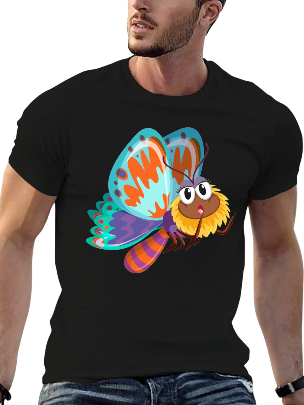 Butterfly Cartoon Graphic Black T-Shirt