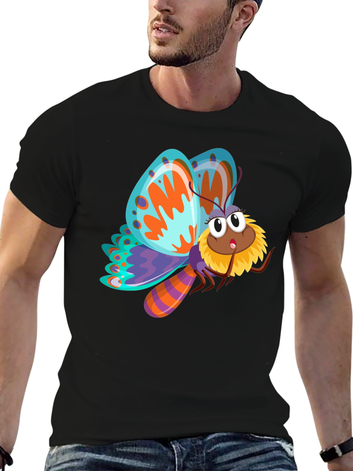 Butterfly Cartoon Graphic Black T-Shirt