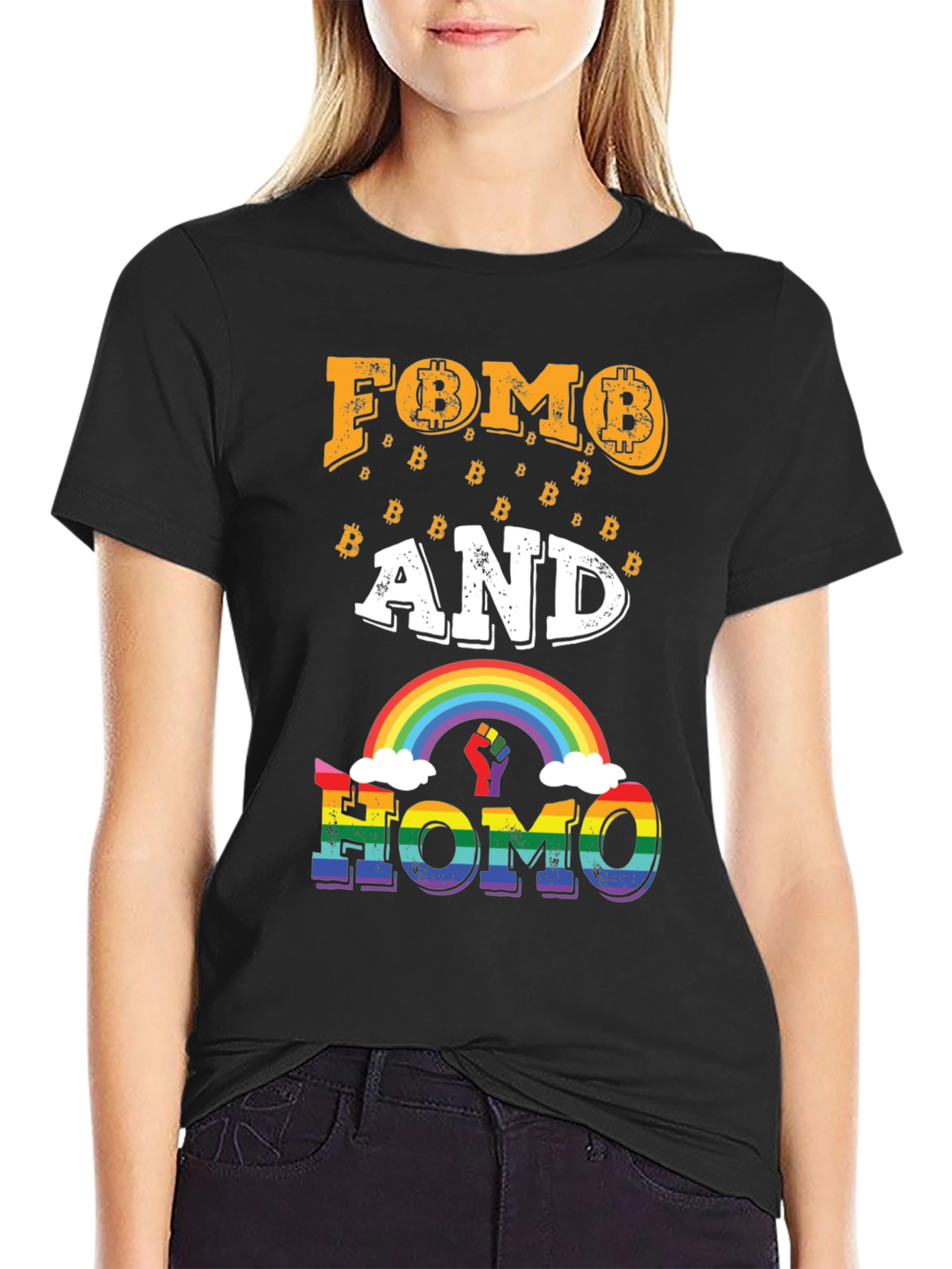 FOMO and HOMO Bitcoin Rainbow Graphic Tee
