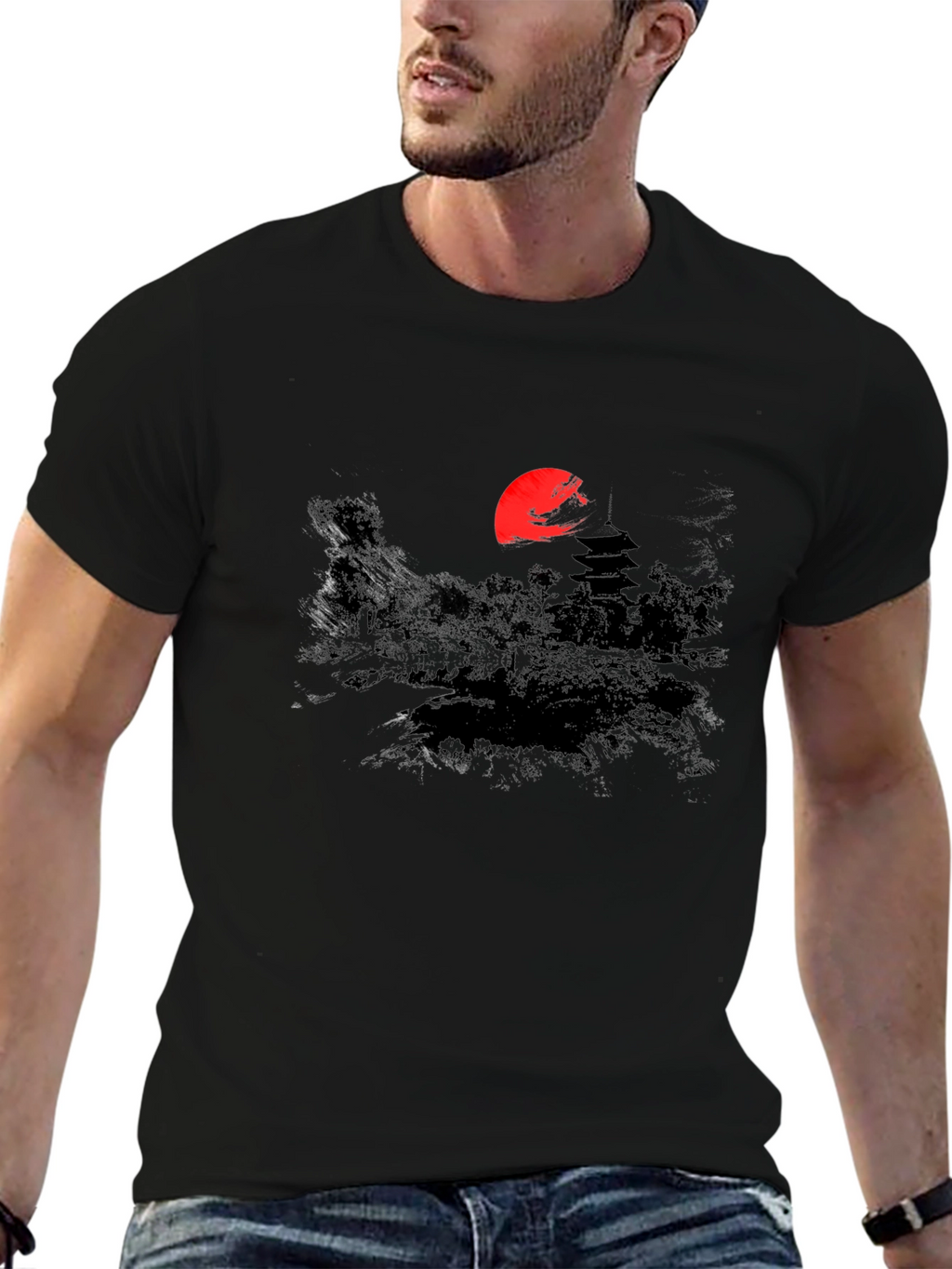 Japanese Sunset Graphic Tee - Black Cotton T-Shirt