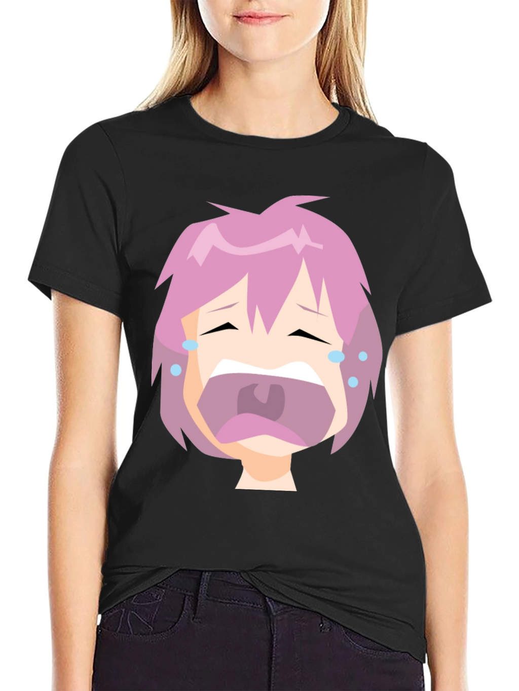 Crying Anime Face Black T-Shirt