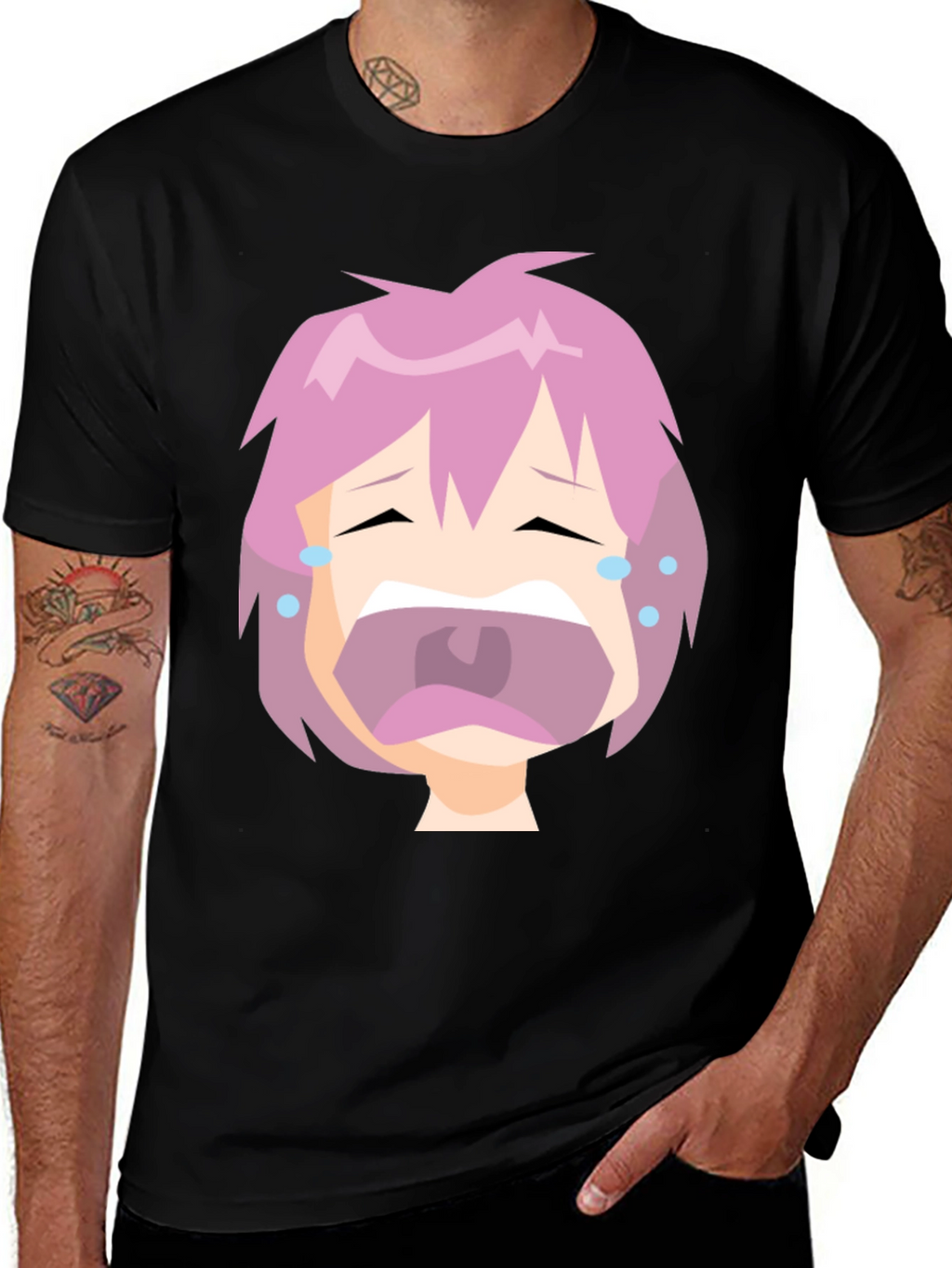Crying Anime Face Black T-Shirt