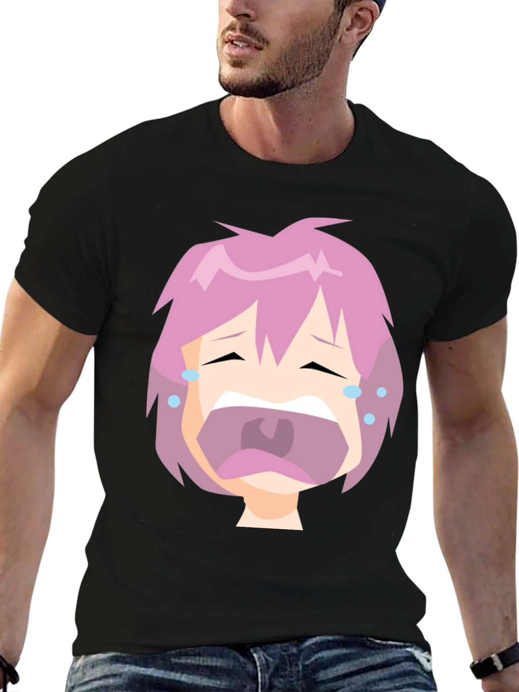 Crying Anime Face Black T-Shirt