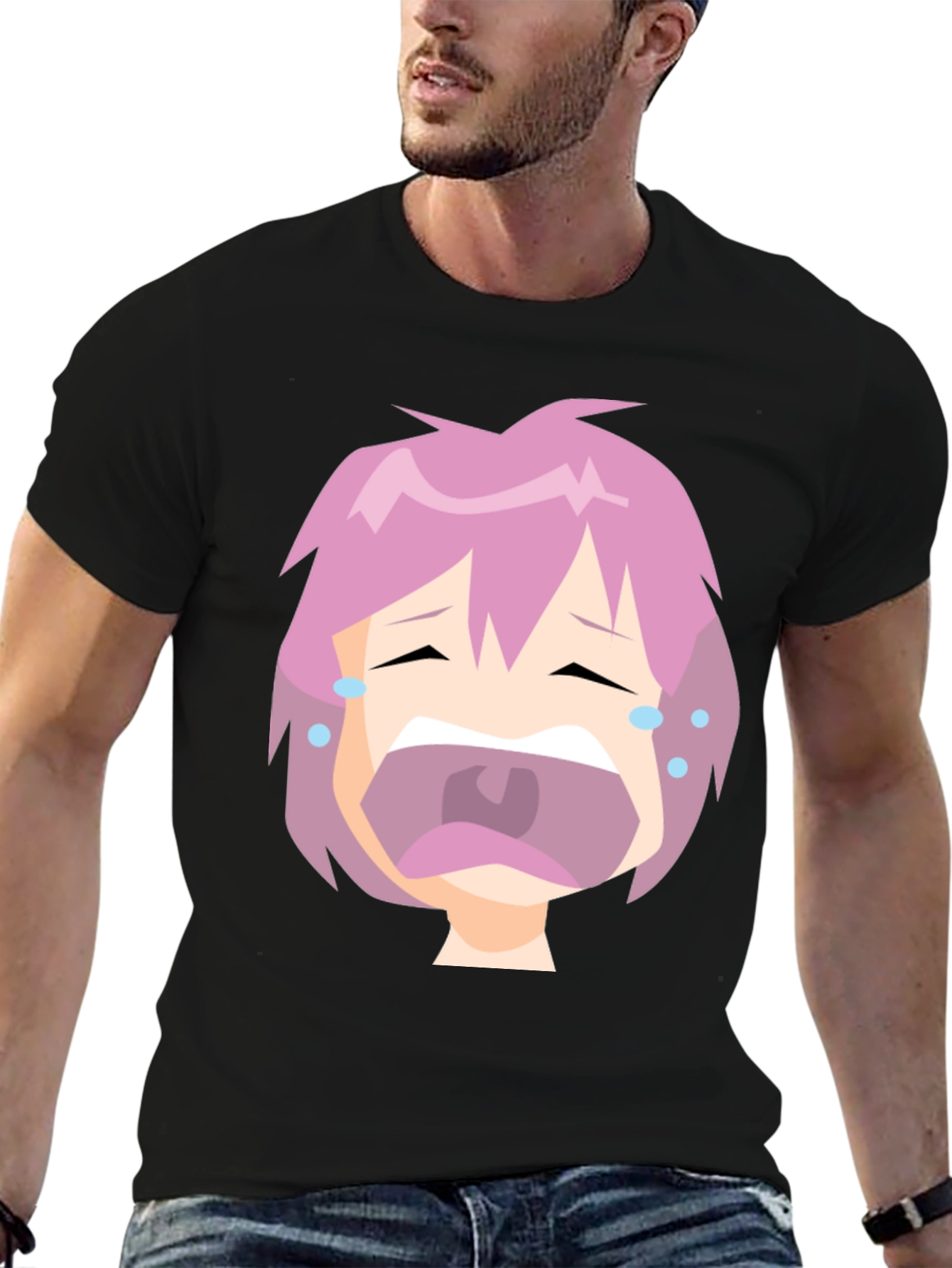 Crying Anime Face Black T-Shirt