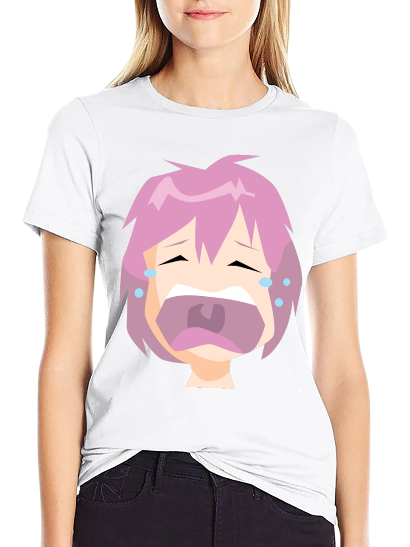 Crying Anime Face Black T-Shirt