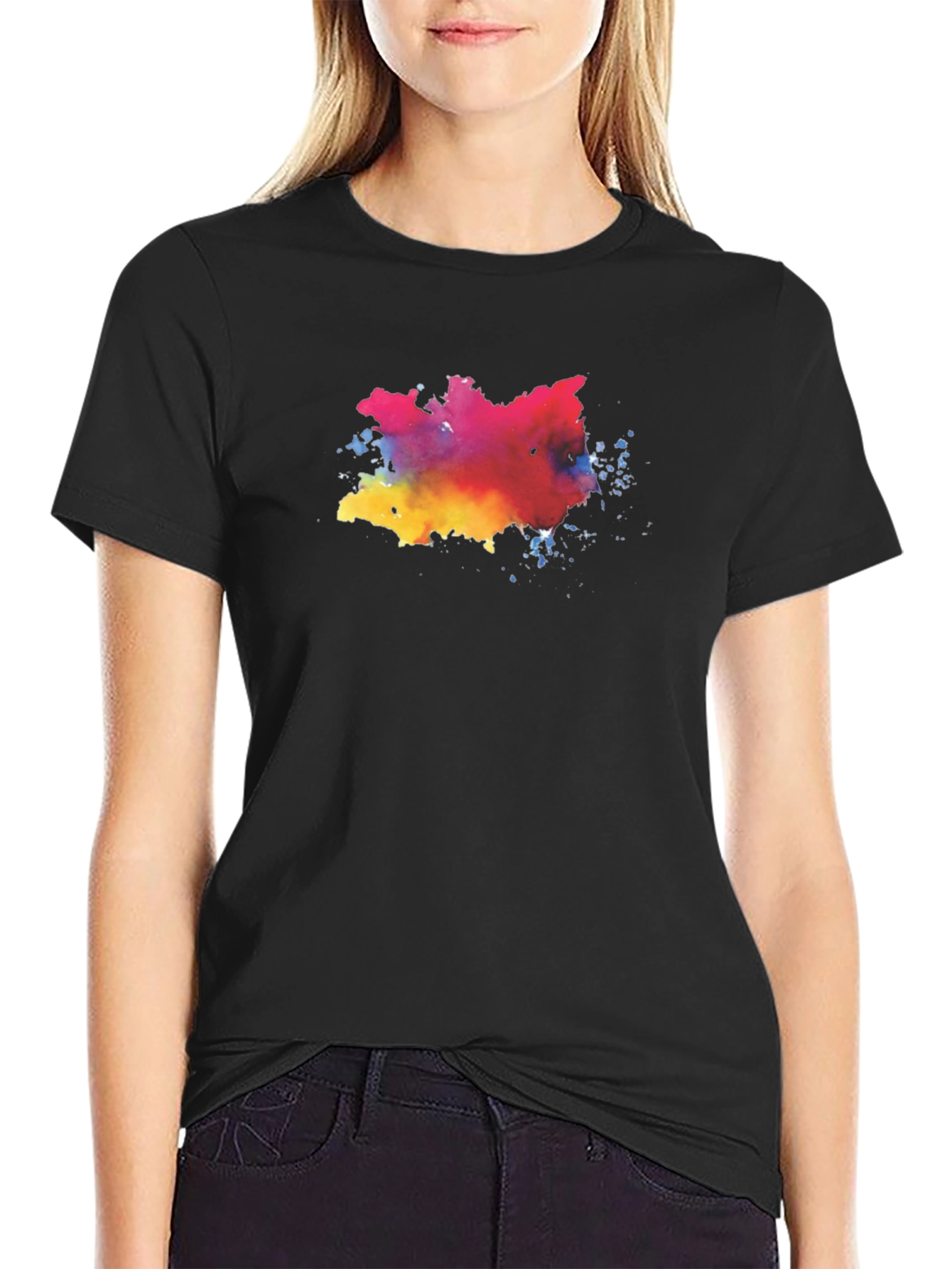 Abstract Watercolor Splash Graphic Black T-Shirt