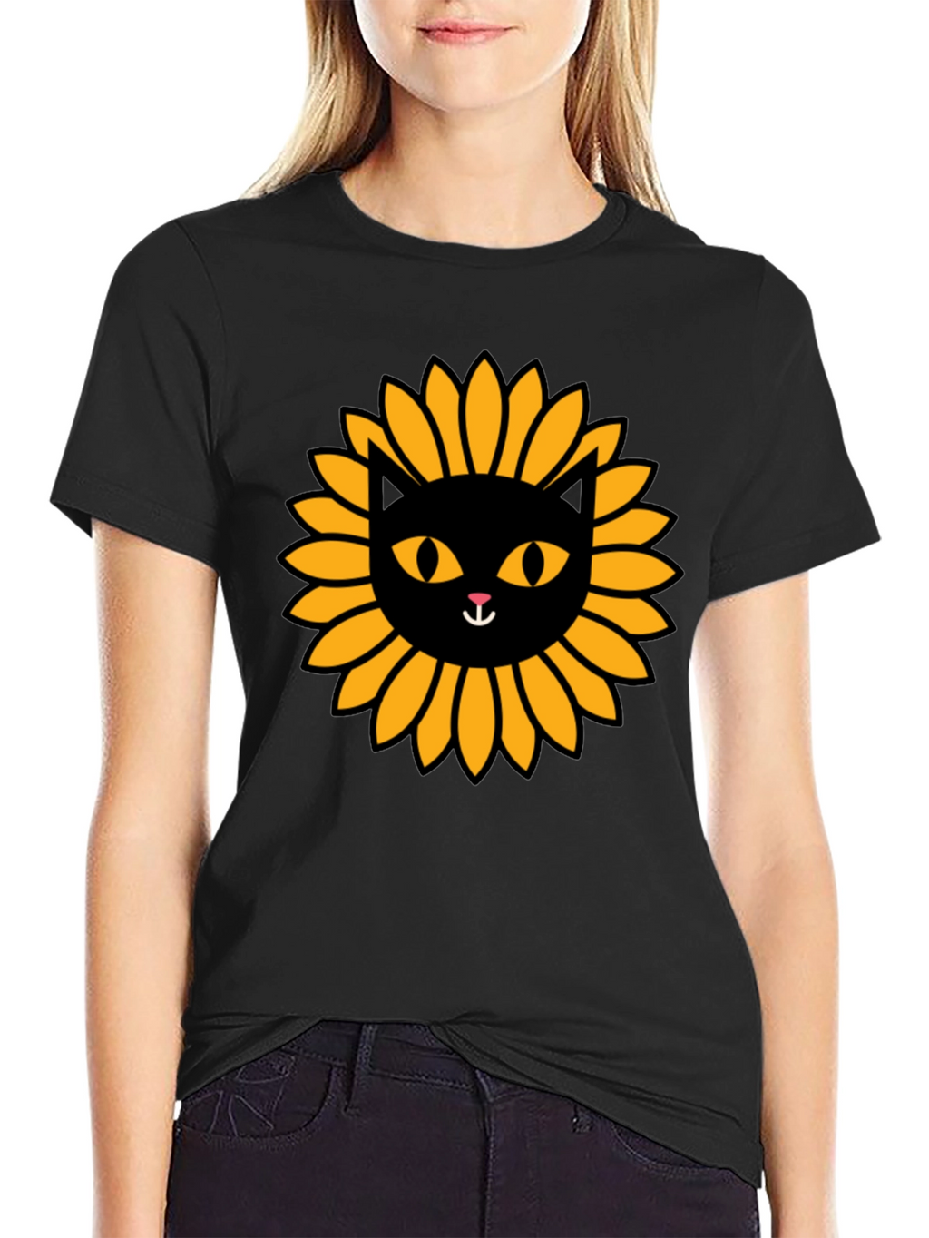 Sunflower Cat Graphic Tee - Stylish Black T-Shirt