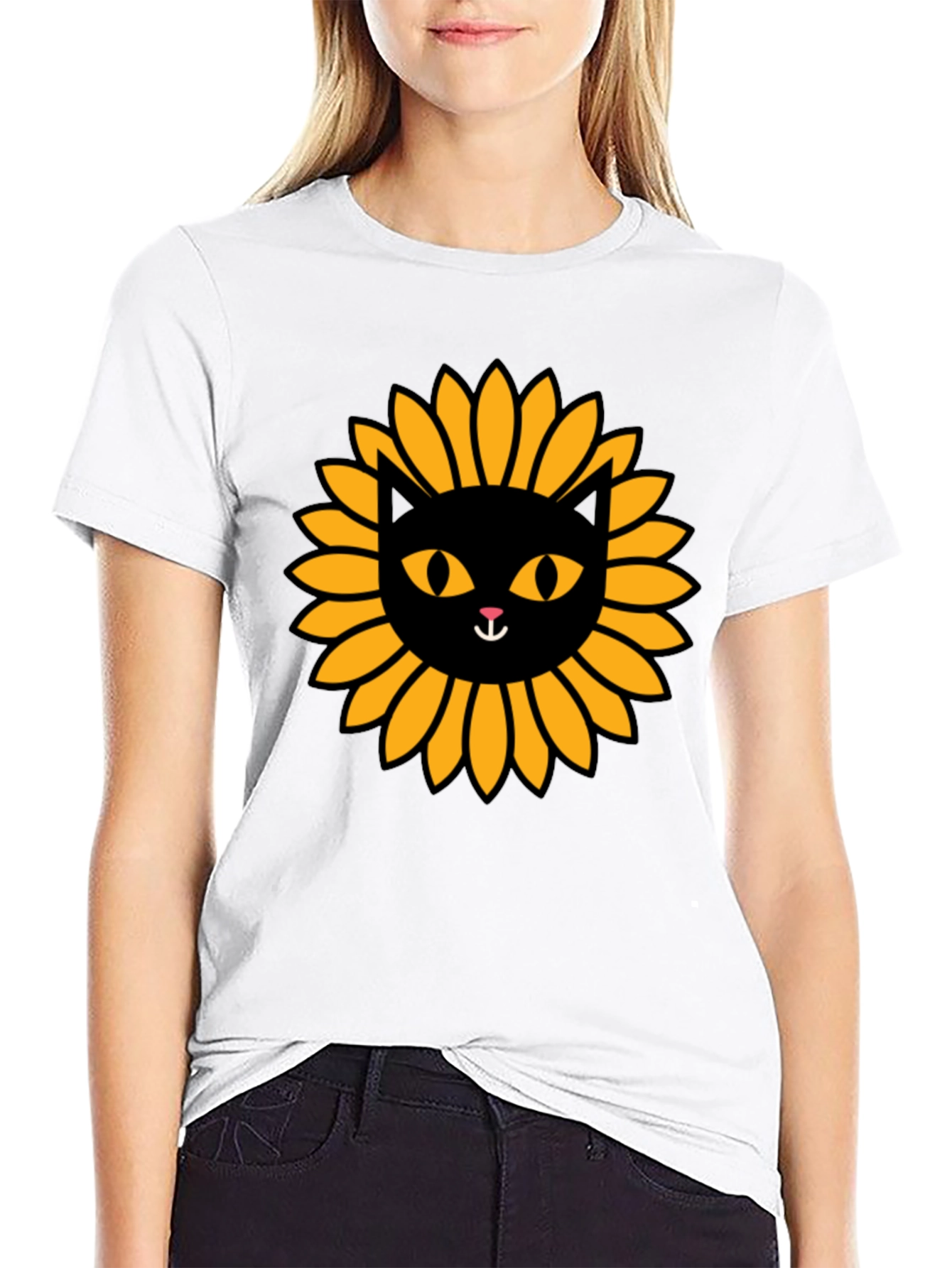 Sunflower Cat Graphic Tee - Stylish Black T-Shirt