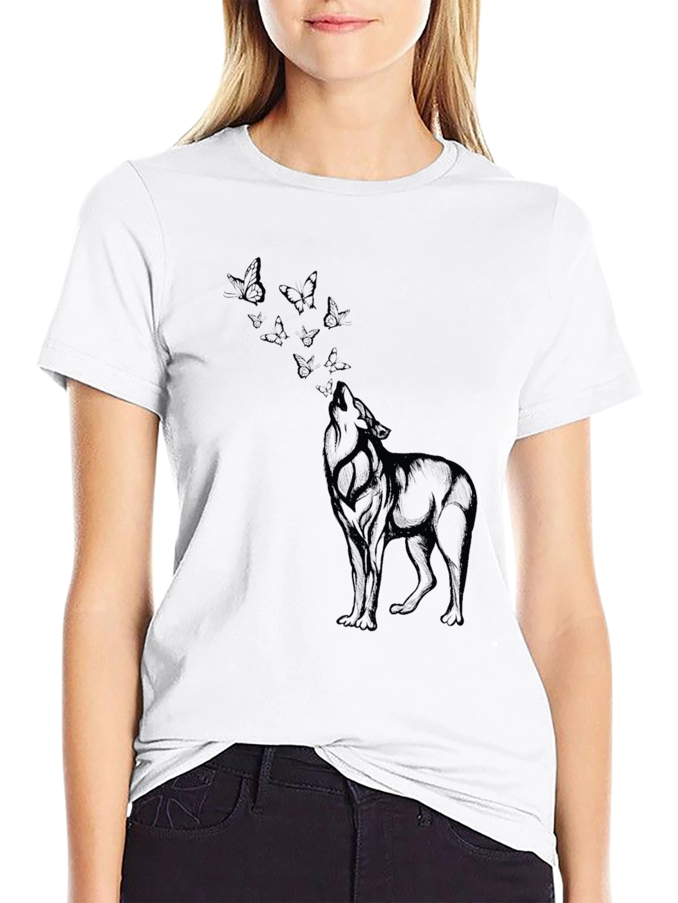 Wolf & Butterfly Graphic Tee - Black