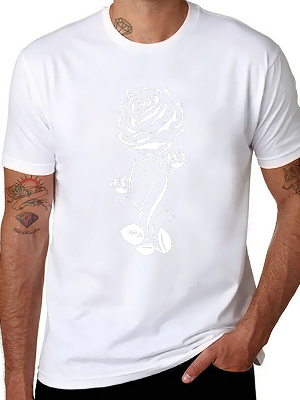 Black T-Shirt with White Rose Graphic