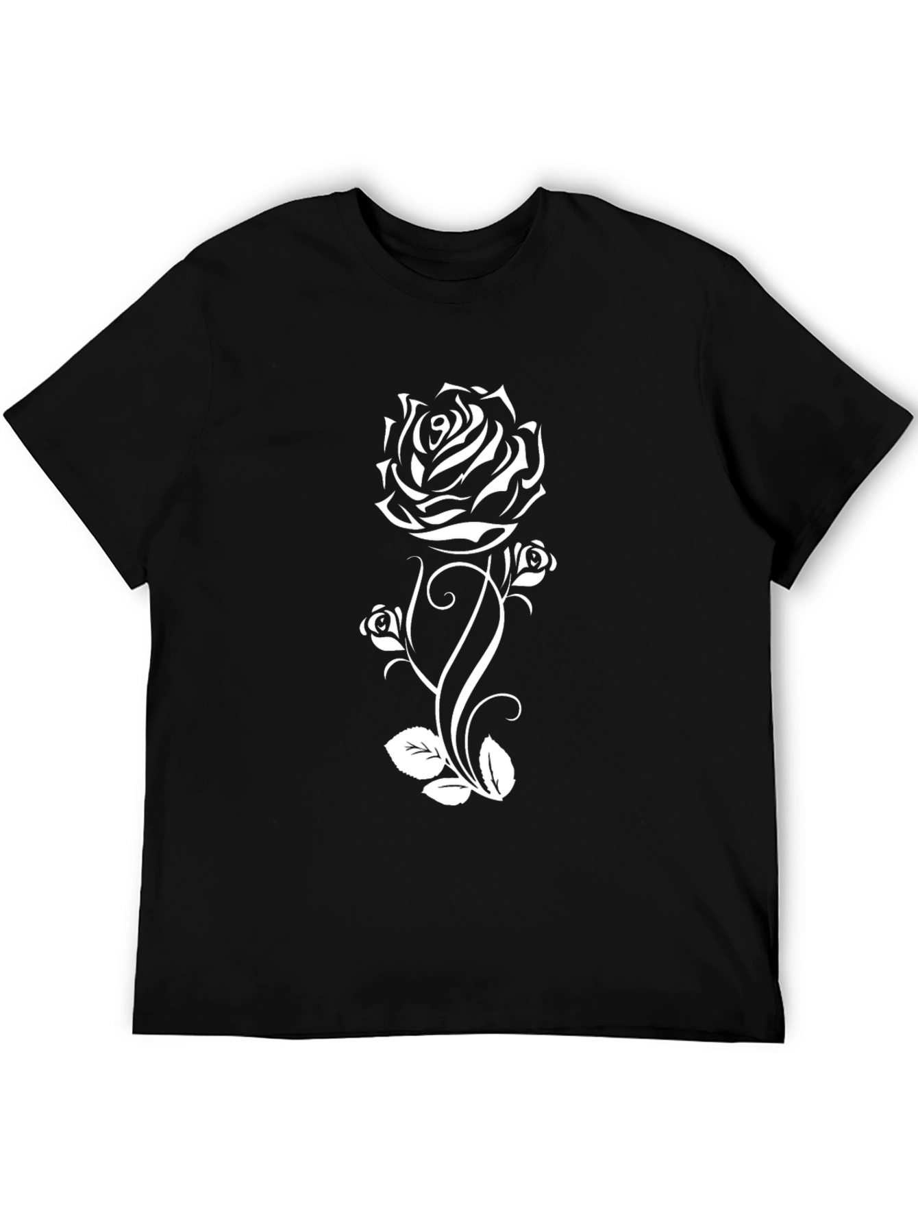 Black T-Shirt with White Rose Graphic