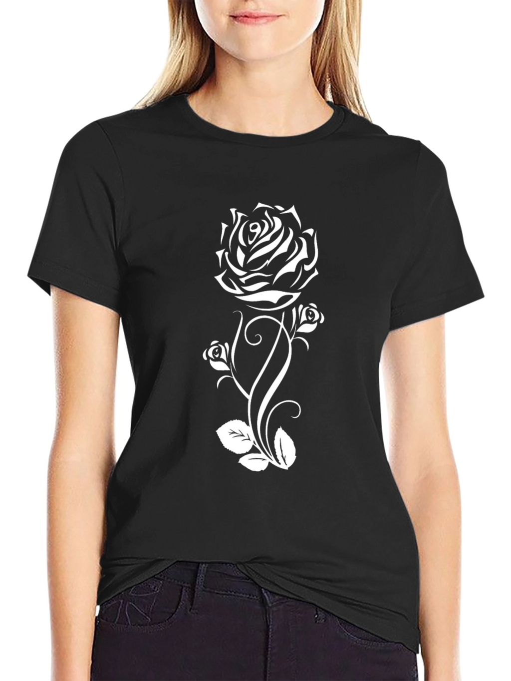 Black T-Shirt with White Rose Graphic