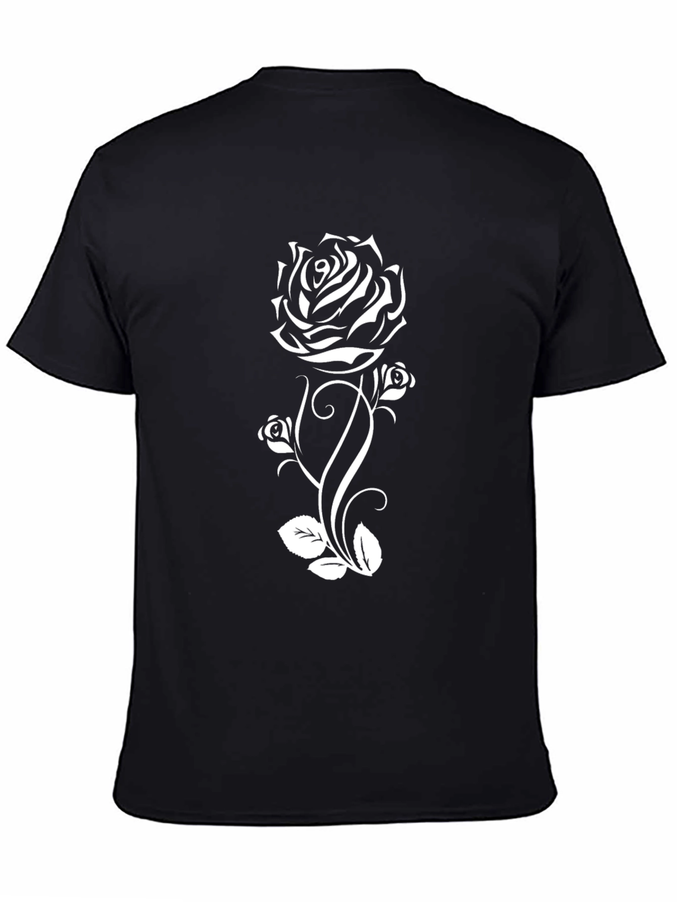 Black T-Shirt with White Rose Graphic