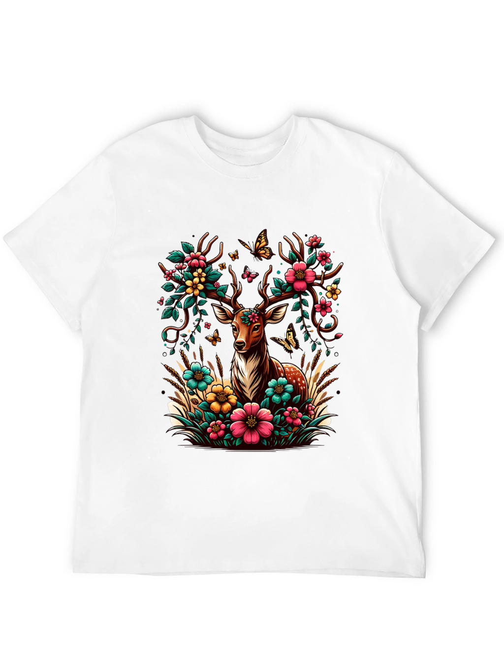 Deer Floral Graphic Black T-Shirt
