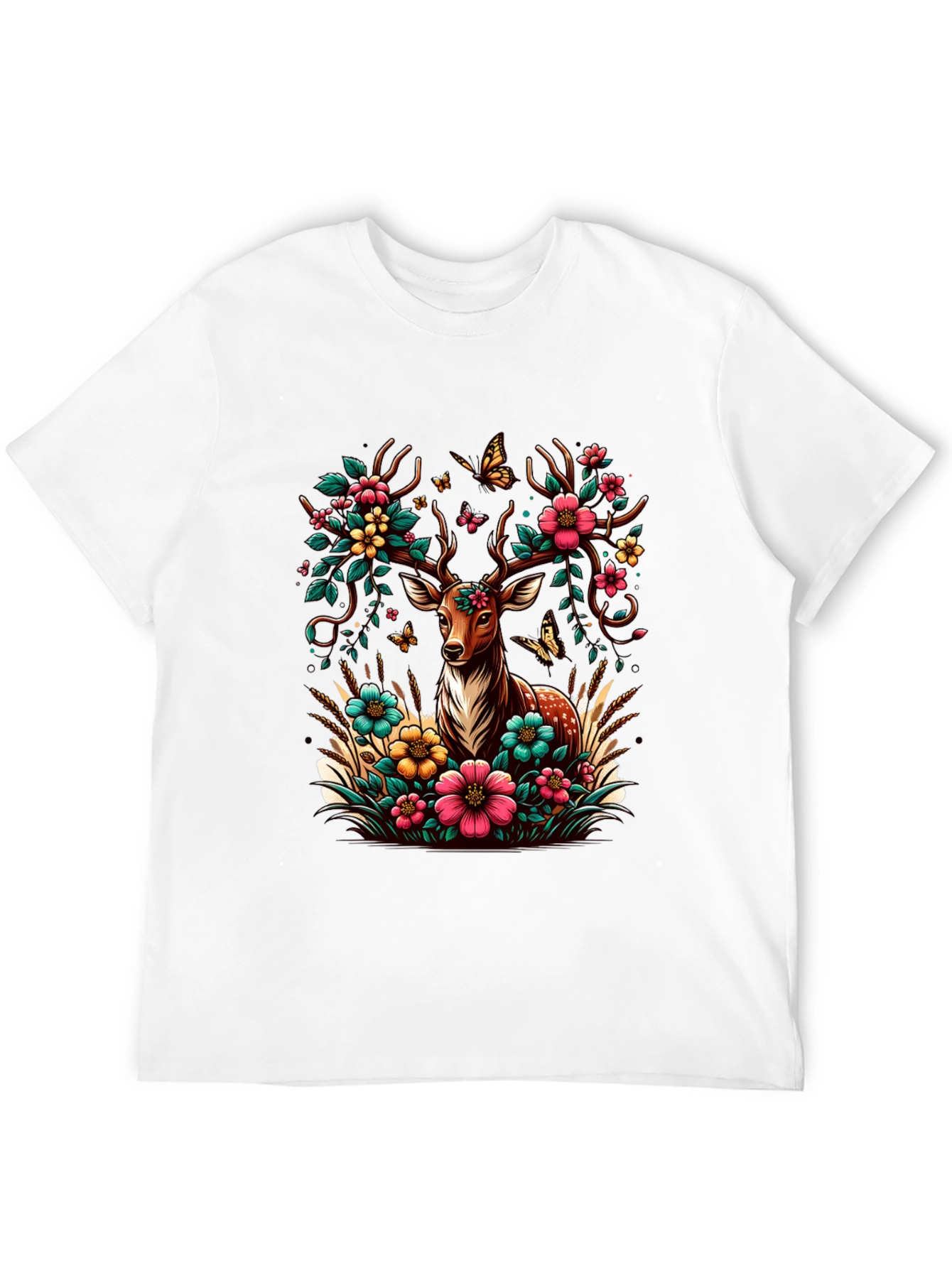 Deer Floral Graphic Black T-Shirt