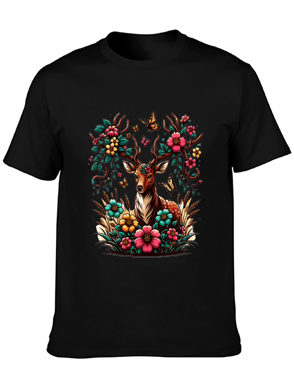 Deer Floral Graphic Black T-Shirt