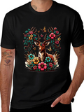 Deer Floral Graphic Black T-Shirt