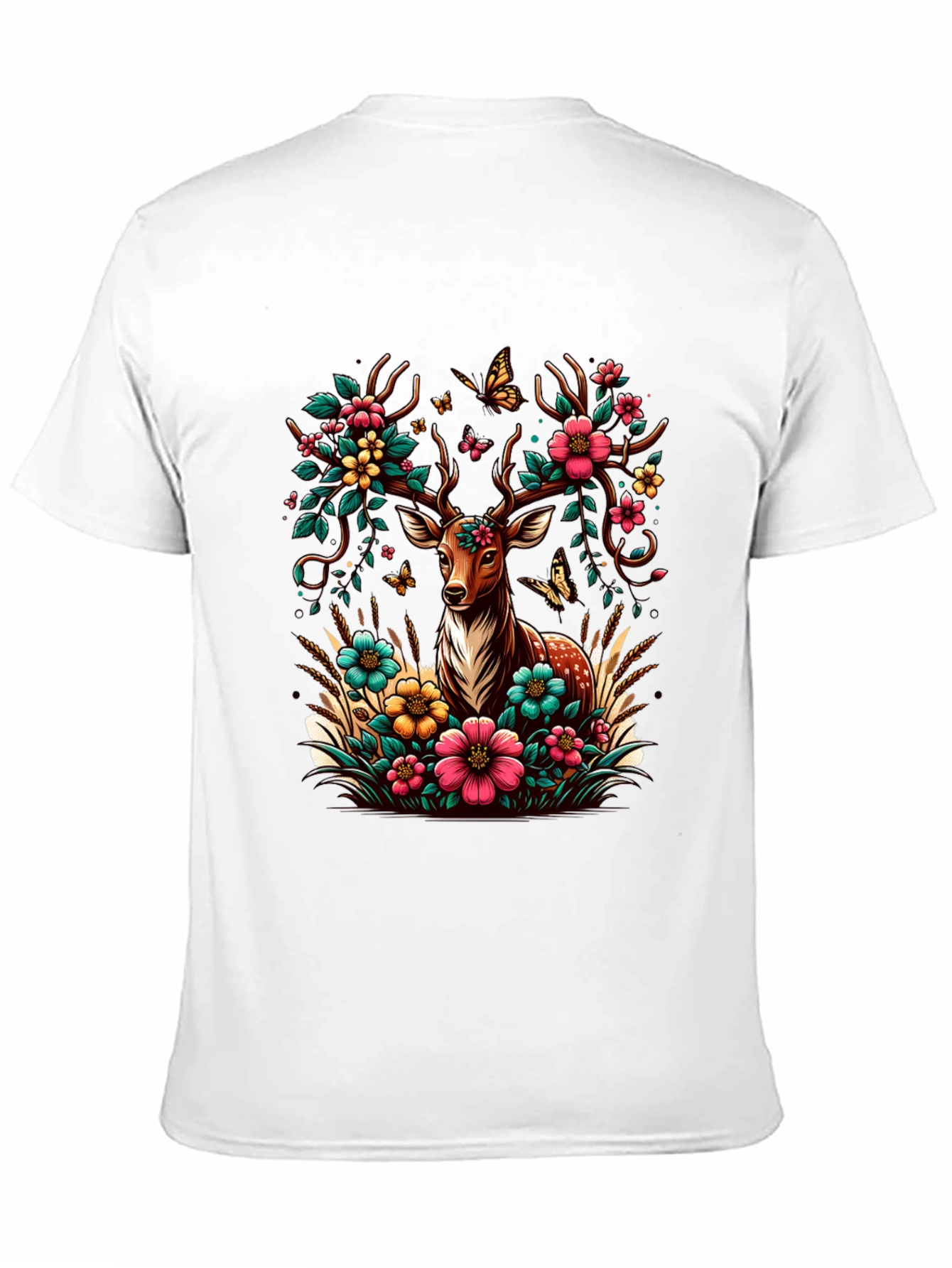 Deer Floral Graphic Black T-Shirt