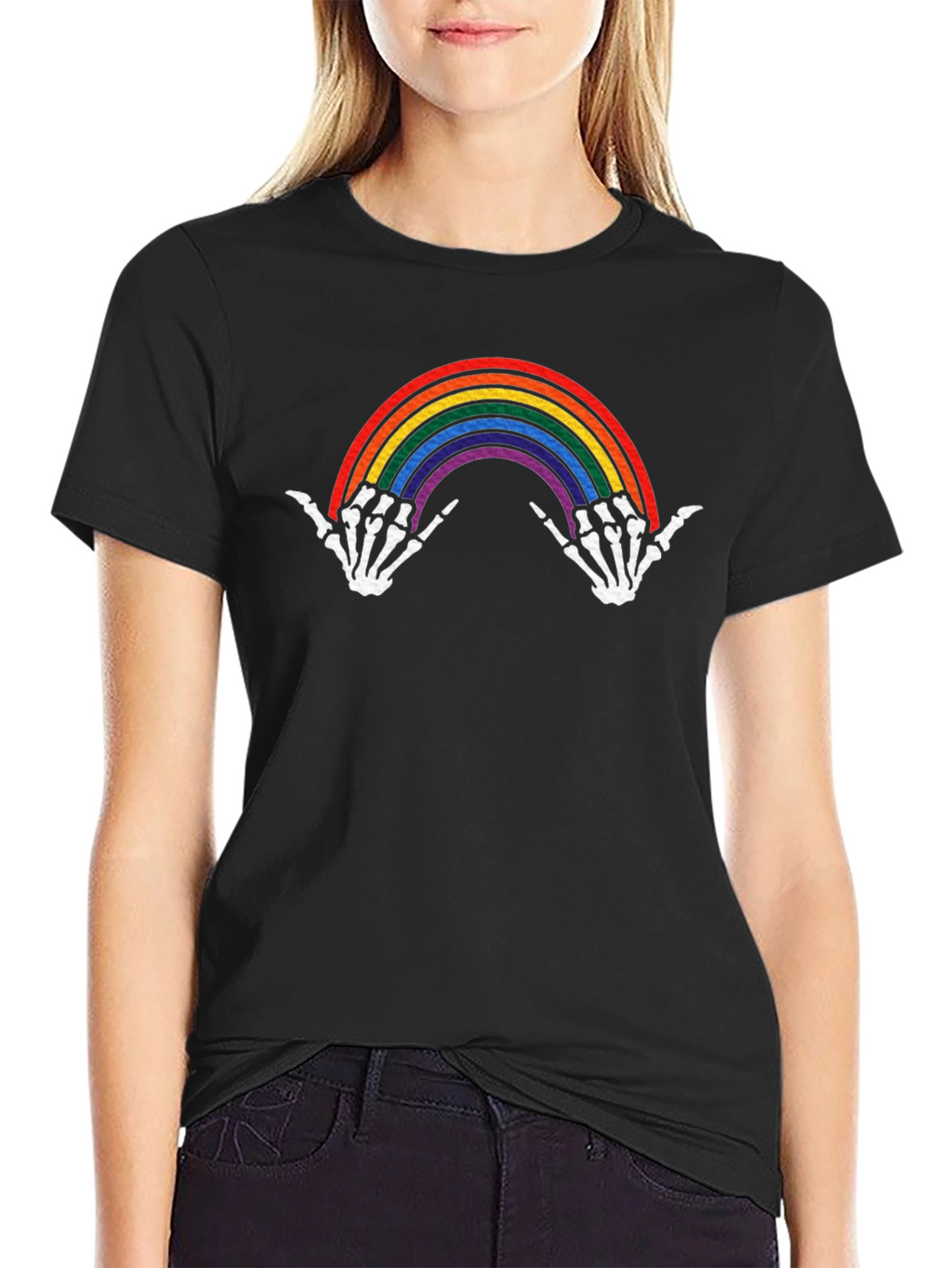 Rainbow Skeleton Hands Black Graphic Tee