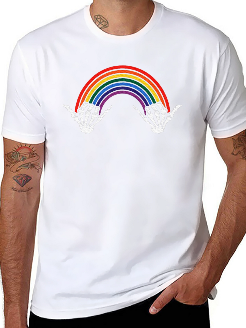 Rainbow Skeleton Hands Black Graphic Tee