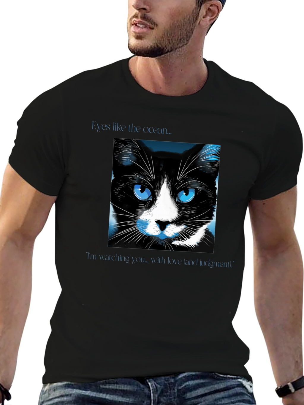 Ocean Eyes Cat Graphic Tee - Soft Black Shirt