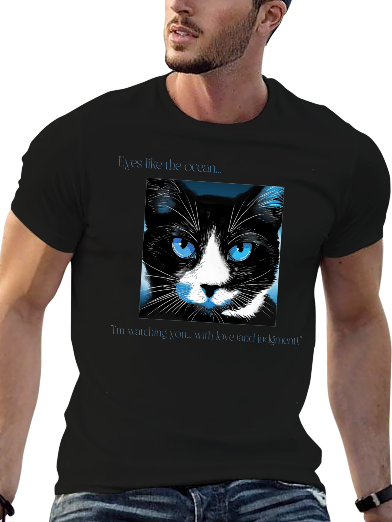 Ocean Eyes Cat Graphic Tee - Soft Black Shirt