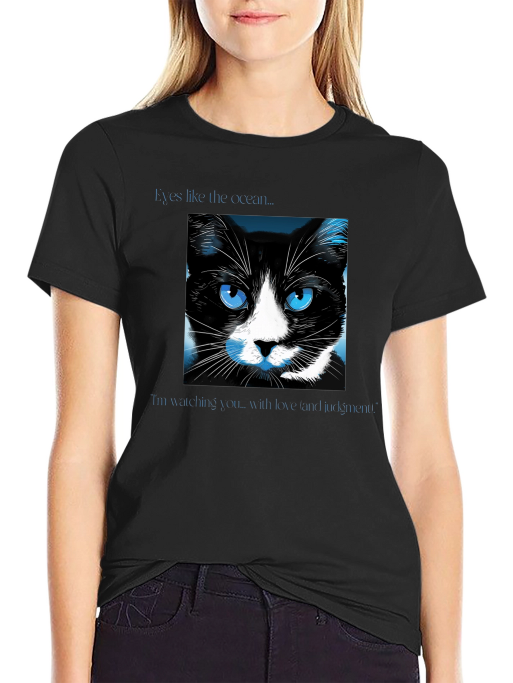 Ocean Eyes Cat Graphic Tee - Soft Black Shirt