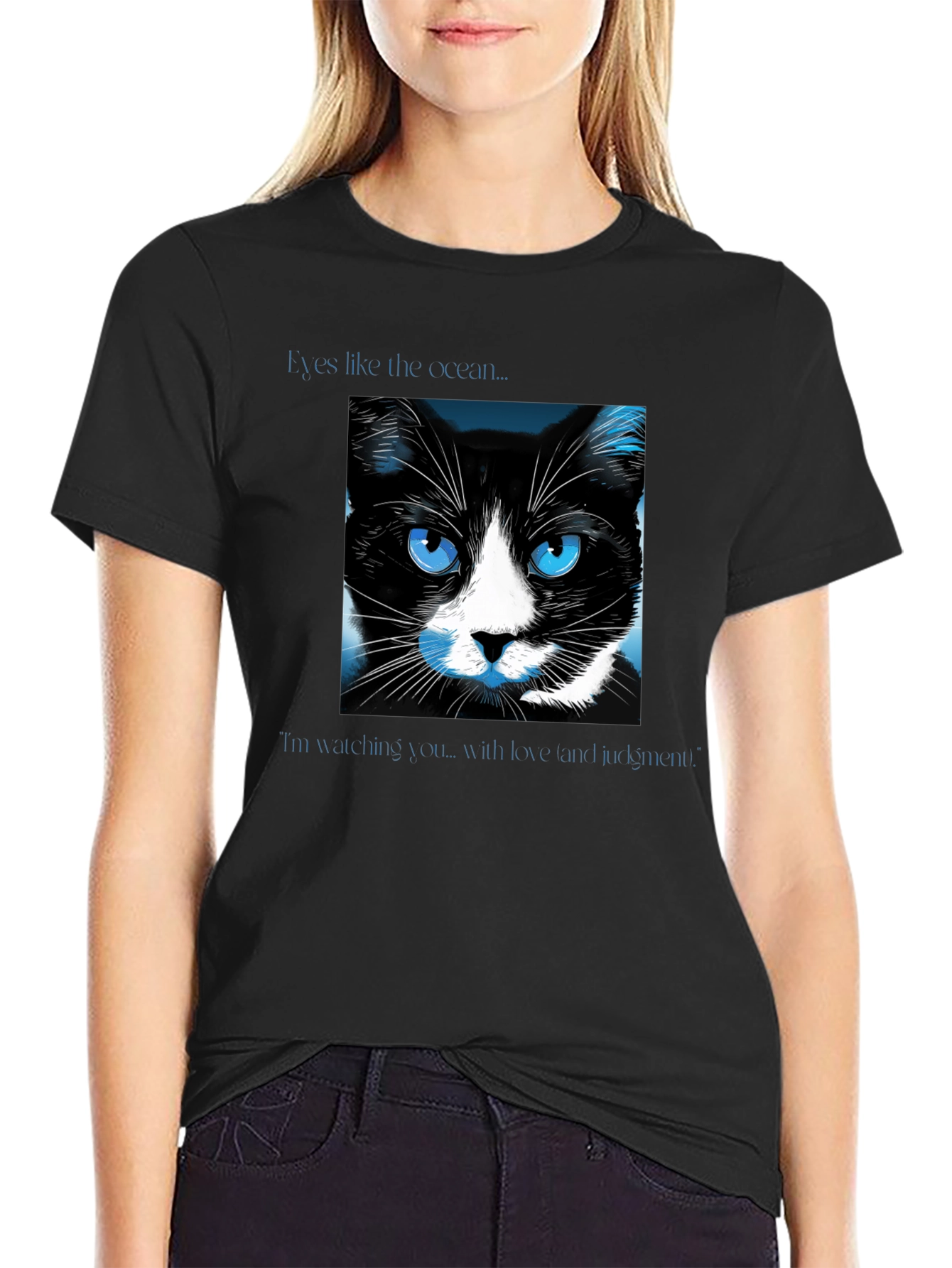 Ocean Eyes Cat Graphic Tee - Soft Black Shirt