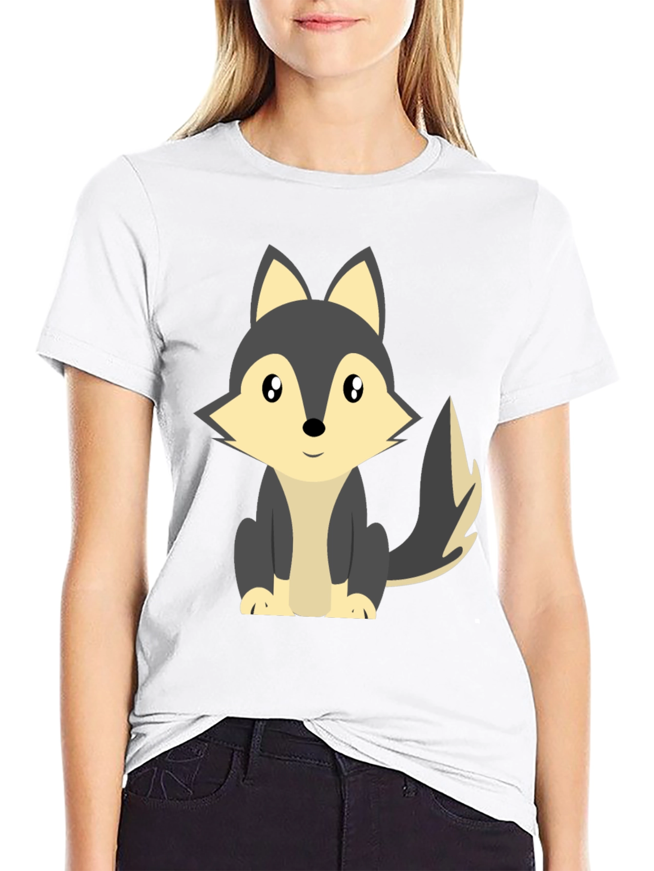 Cute Cartoon Wolf Graphic Tee - Black
