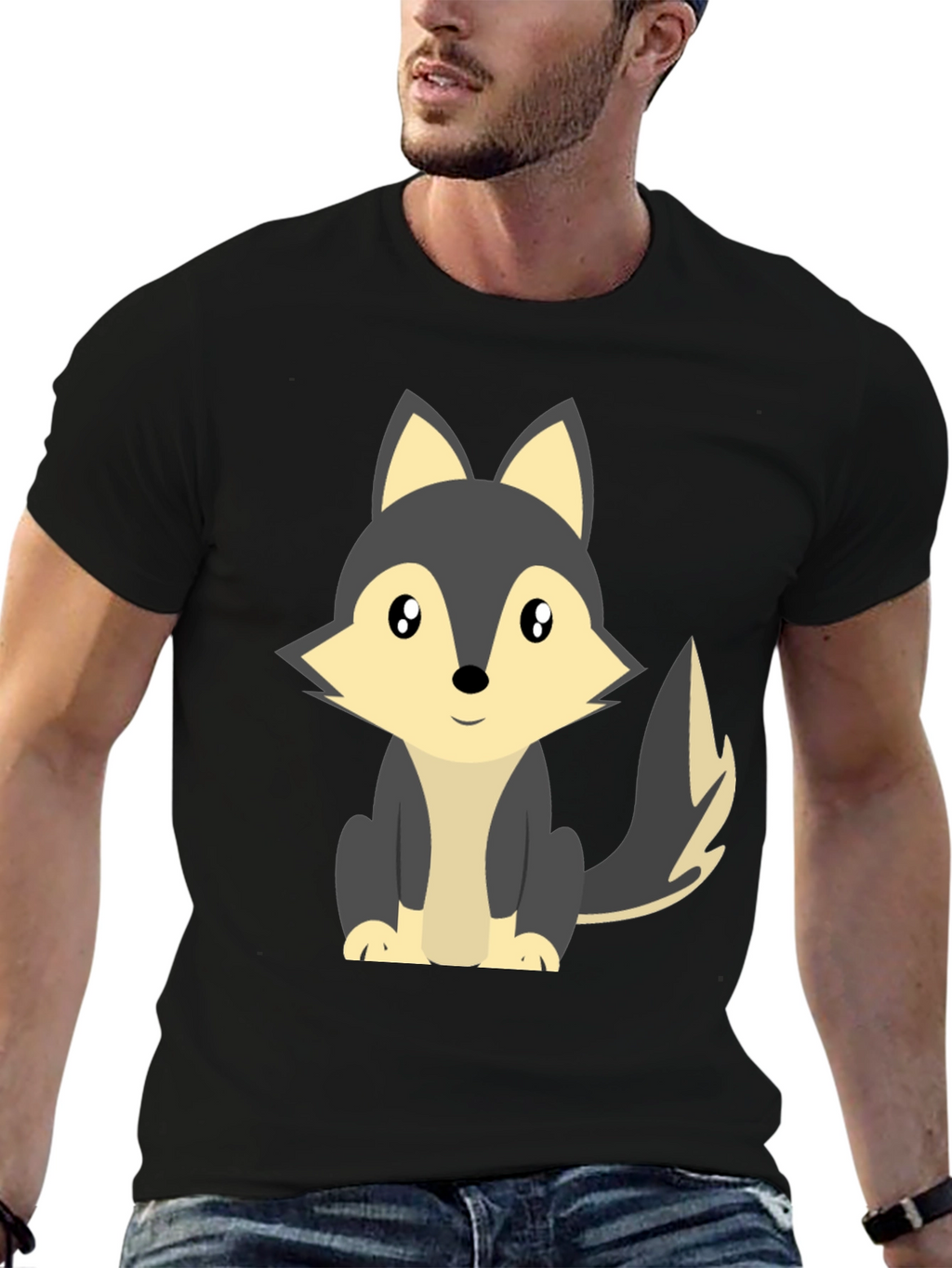 Cute Cartoon Wolf Graphic Tee - Black