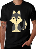 Cute Cartoon Wolf Graphic Tee - Black