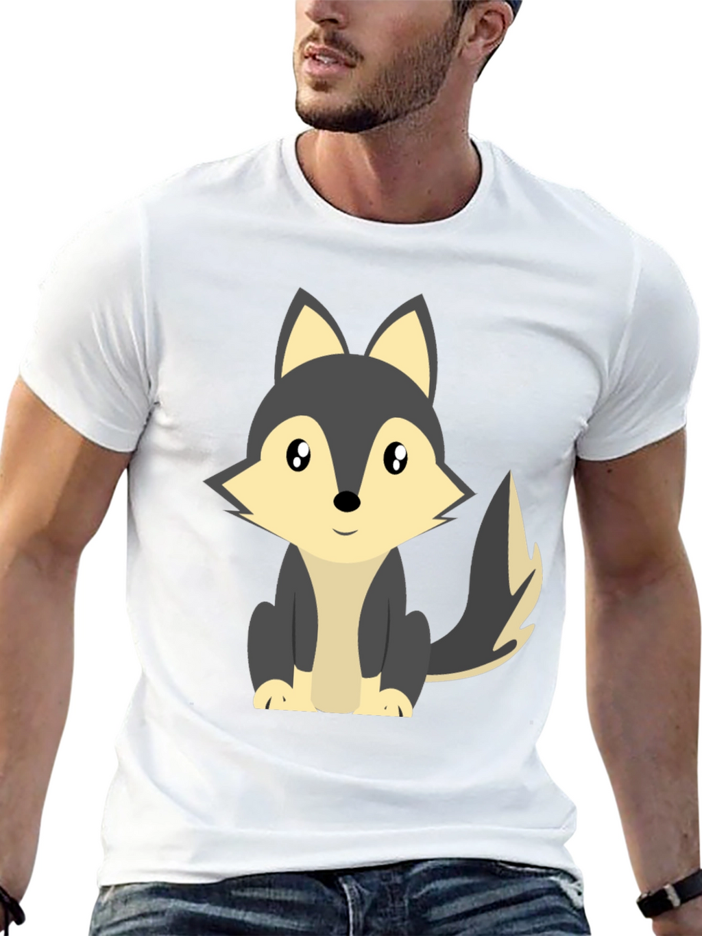 Cute Cartoon Wolf Graphic Tee - Black