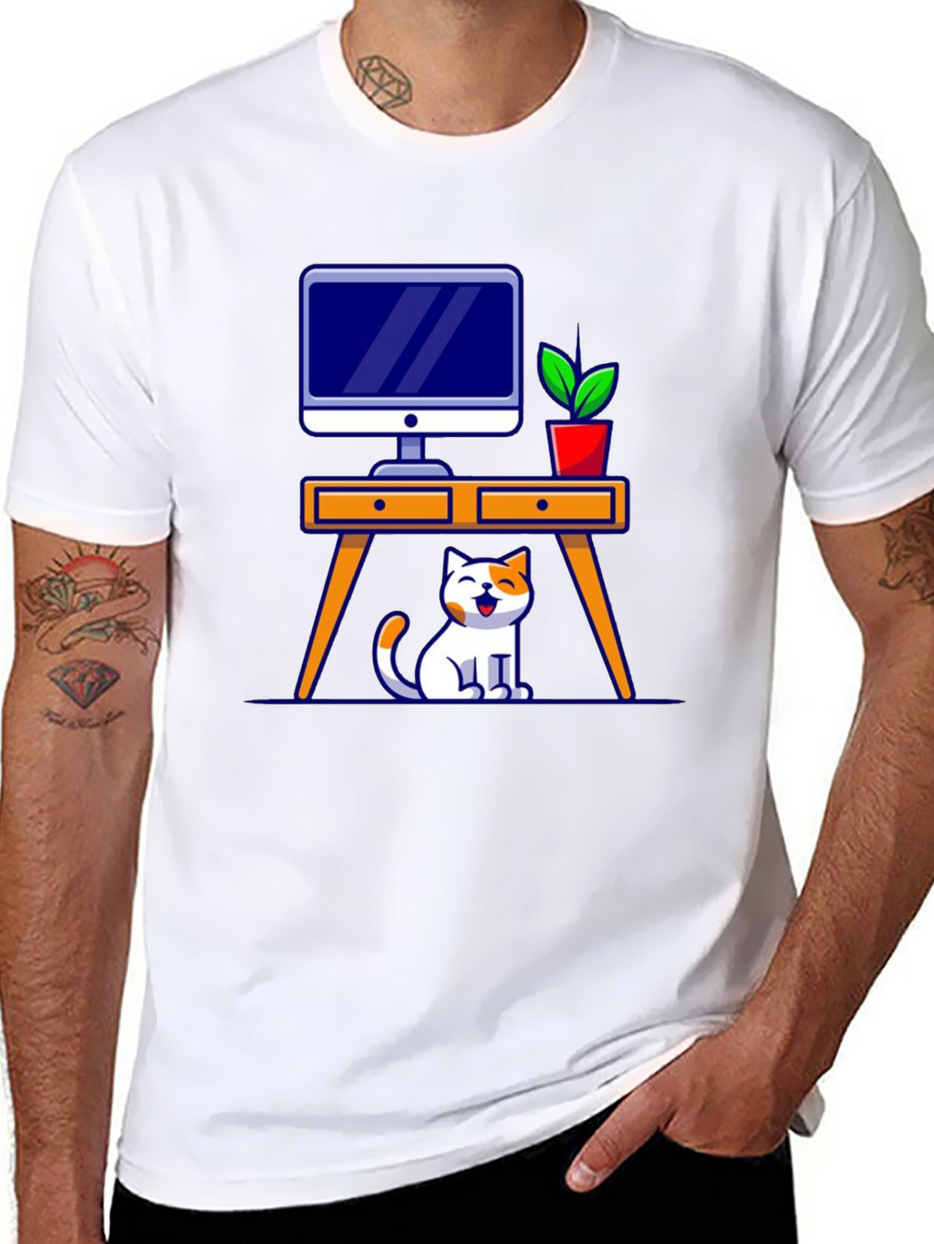 Cat at Desk Graphic T-Shirt