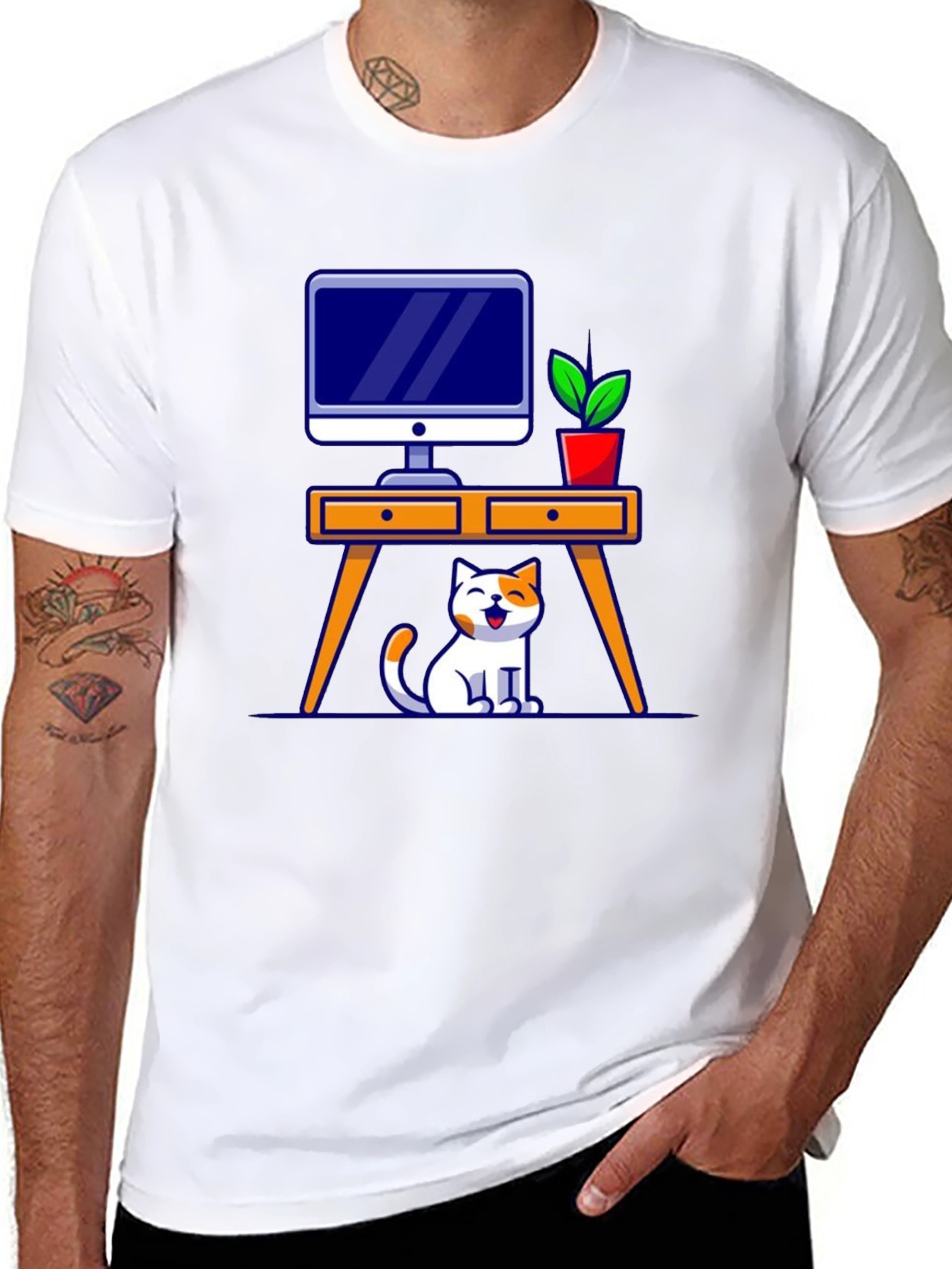 Cat at Desk Graphic T-Shirt