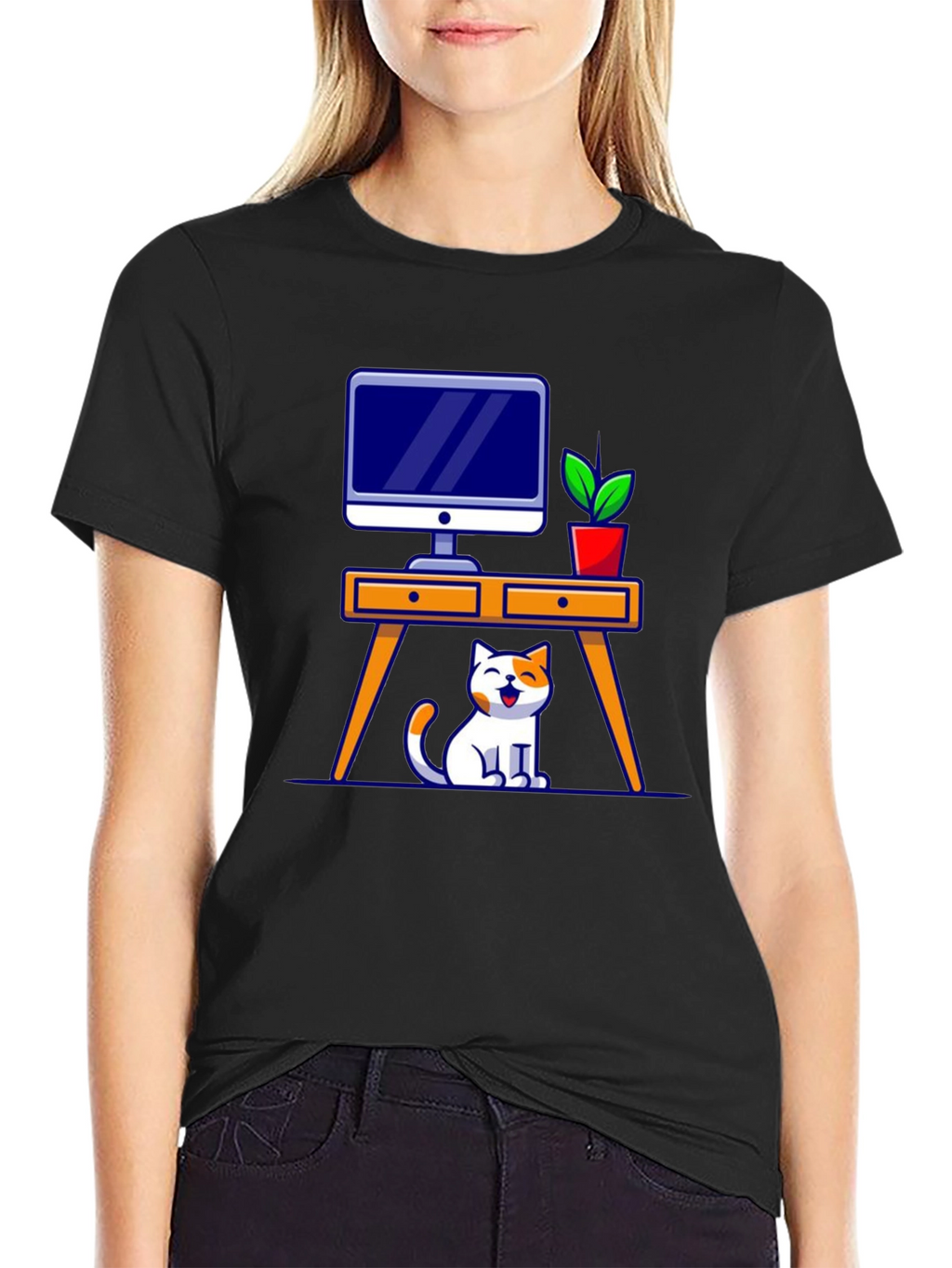 Cat at Desk Graphic T-Shirt