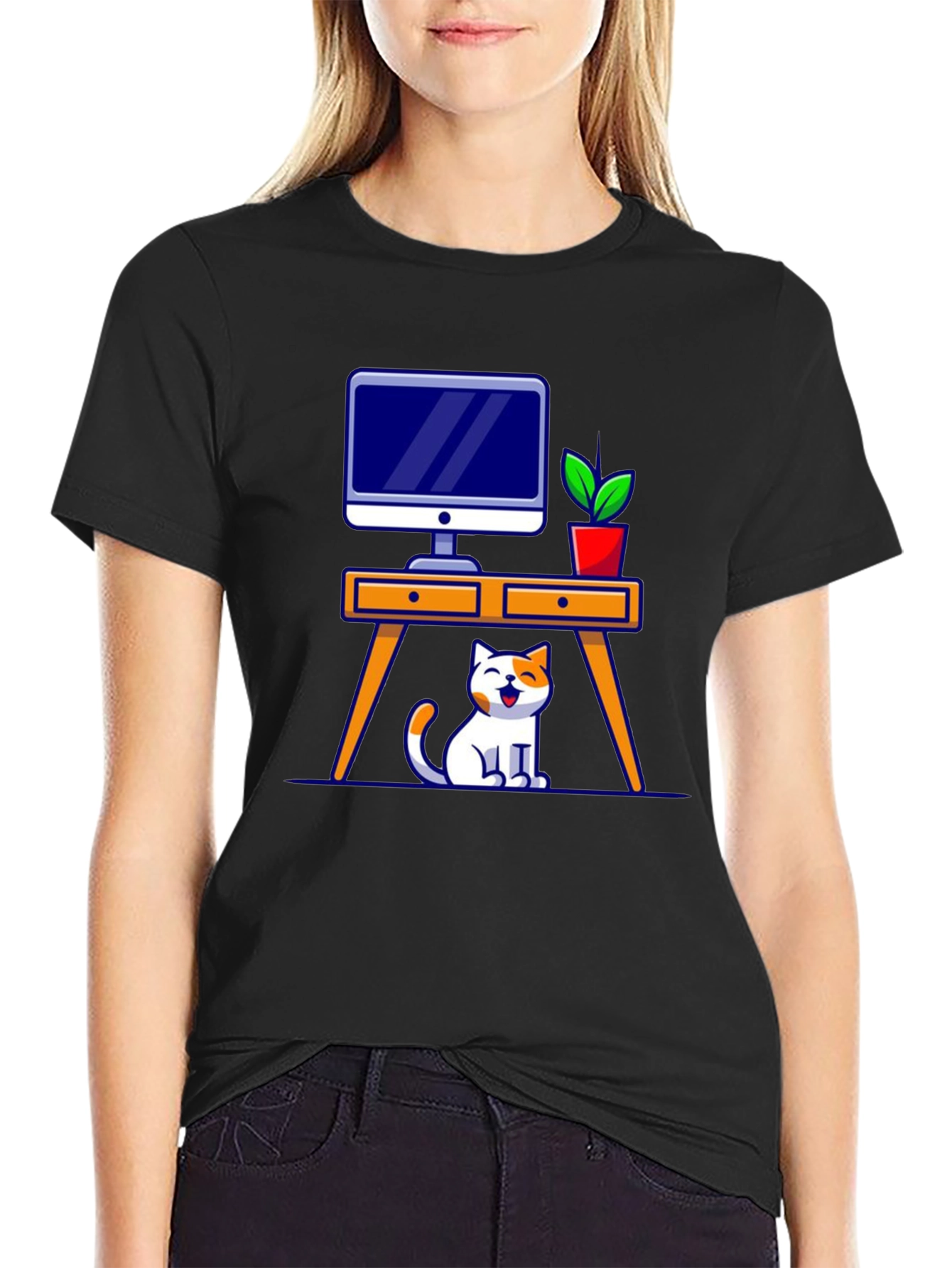Cat at Desk Graphic T-Shirt