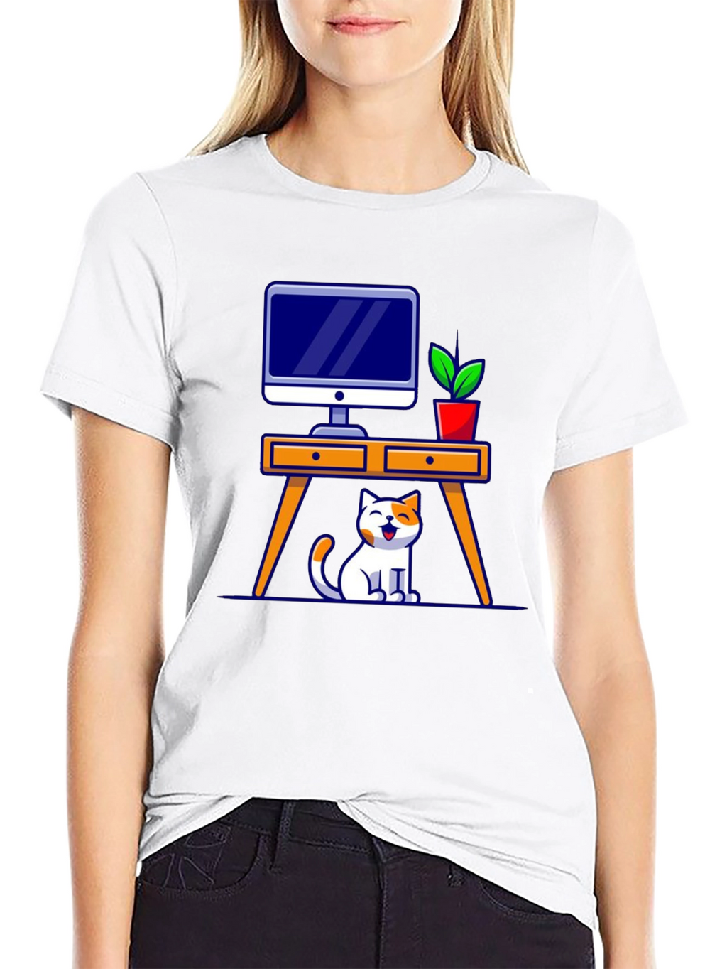 Cat at Desk Graphic T-Shirt